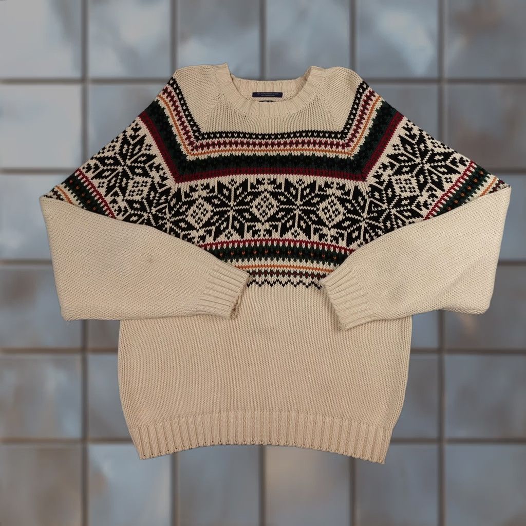 Tommy Hilfiger VINTAGE Tommy Hilfiger Sweater Mens XL Cream Fair Isle Snowflake Cable Knit Crewneck 90s Size US XL / EU 56 / 4 - 1 Thumbnail