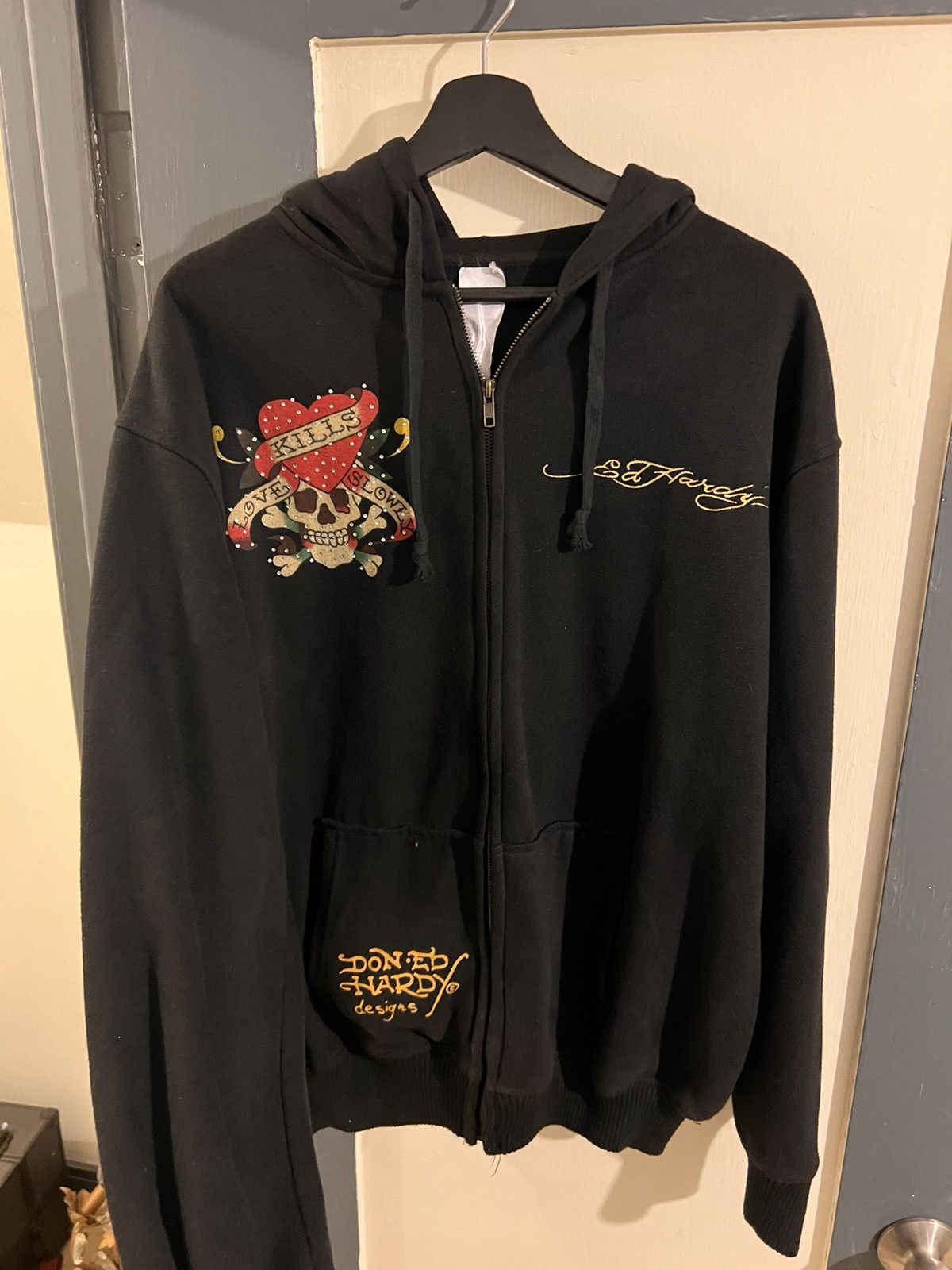 image of Ed Hardy Y2K ‘Love Kills Slowly’ Zip Up Jacket in Black, Women's (Size 2XL)