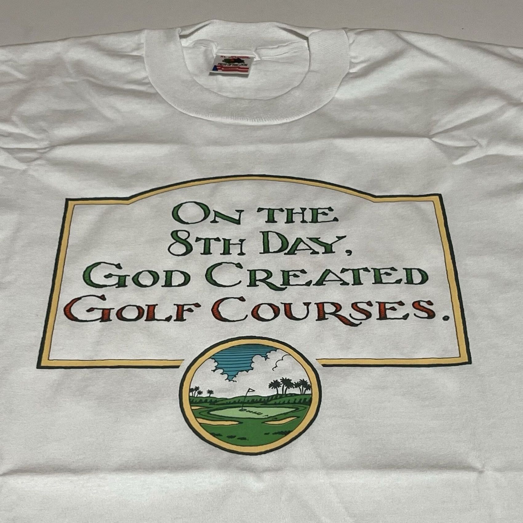 Fruit Of The Loom VINTAGE Fruit of the Loom T-Shirt Mens XL White Short Sleeve Crew Neck Funny 90s Single Stitch Shoebox On The 8th Day God Created Golf Size US XL / EU 56 / 4 - 2 Thumbnail