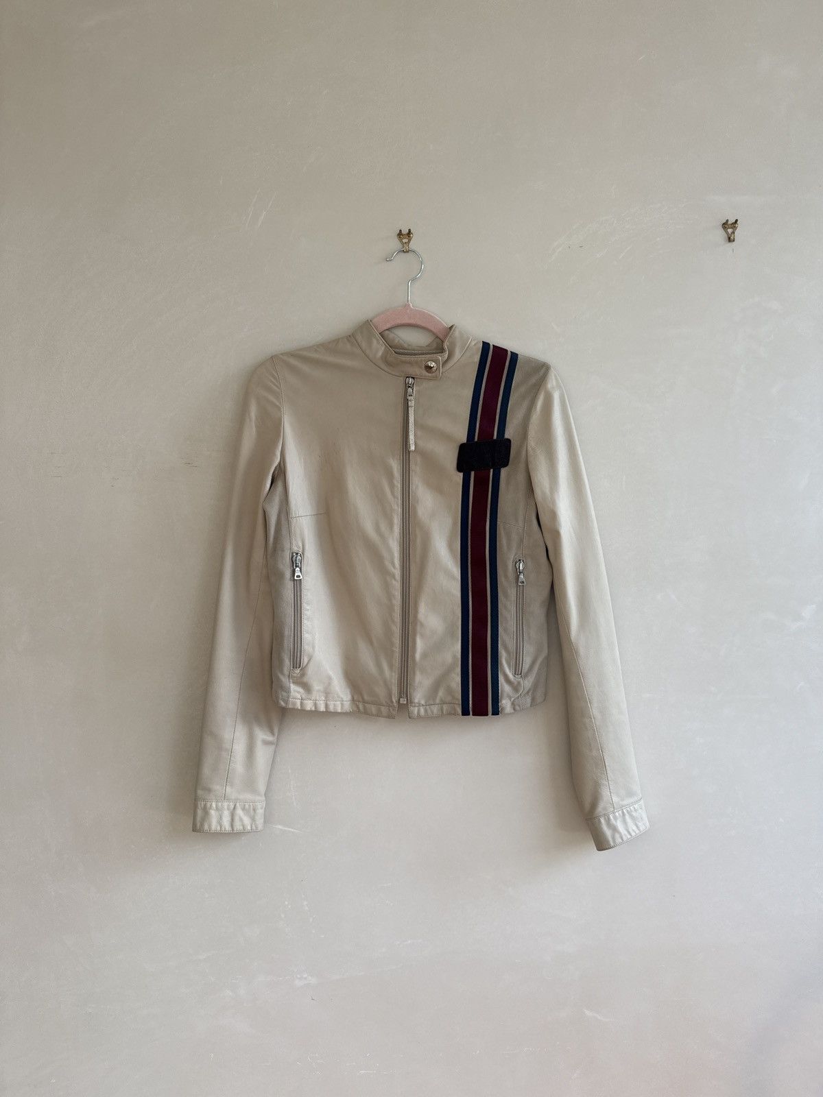 Prada PRADA Sport Linea Rossa Cream Leather Moto Jacket Size XS / US 0-2 / IT 36-38 - 2 Thumbnail