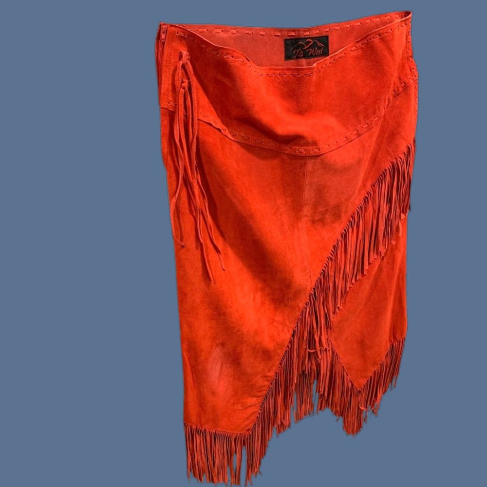 DANCER VINTAGE T4 West Red Suede Midi Skirt Fringed Western Dance Rodeo 3X Women Skirt Adult Plus Size Red Midi Skirt 3X Womens Size 40" / US 18 - 1 Thumbnail