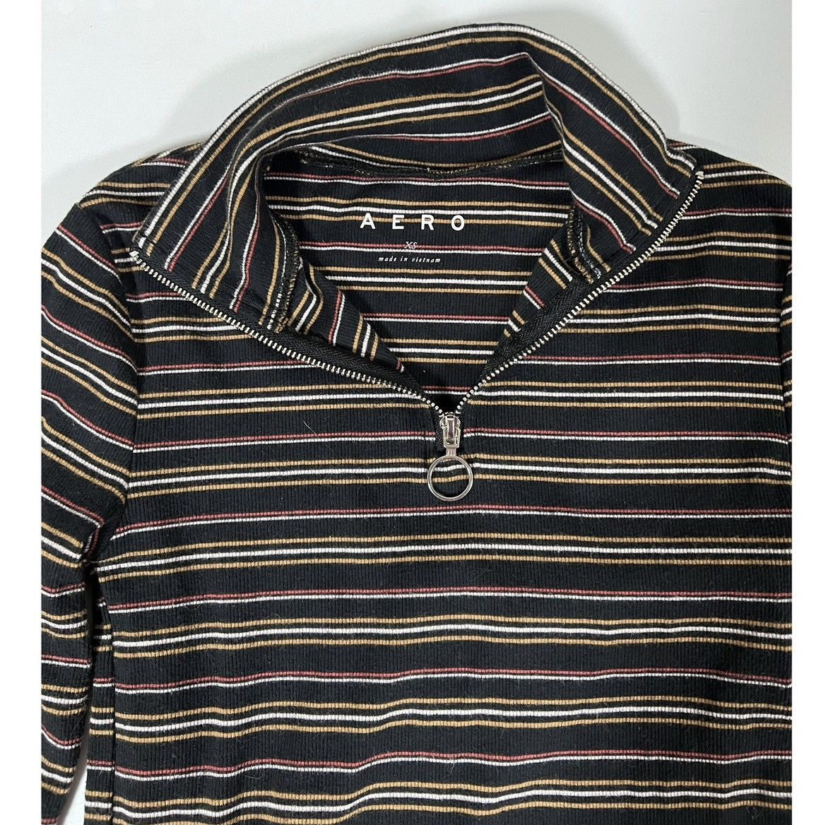 Aeropostale Aero Black Striped Quarter-Zip Long Sleeve Shirt Top XS 🖤✨ Size XS / US 0-2 / IT 36-38 - 4 Thumbnail