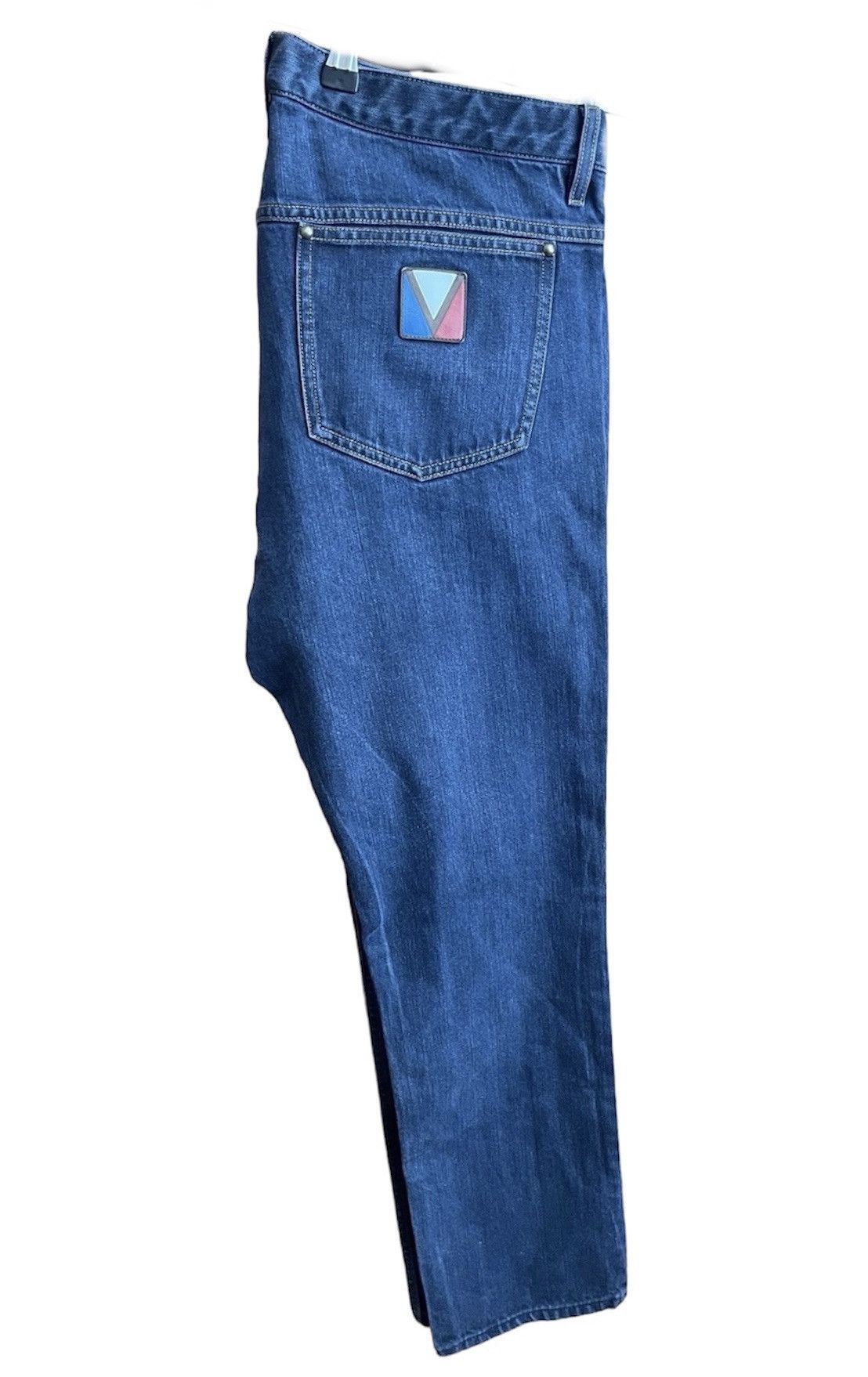 image of Louis Vuitton Leather Logo Denim Jeans /pants in Blue, Men's (Size 36)