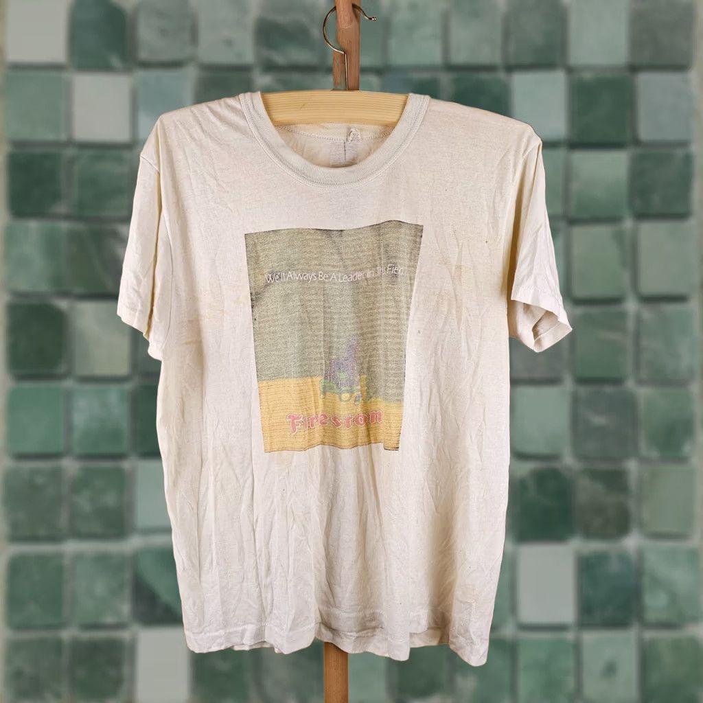 Vintage VINTAGE FIRESTONE T-SHIRT 80's FADED DISTRESSED SINGLE STITCH SZ XL MEN Beige Cotton Short Sleeve Round Neck Cross Chest 23 INCH 27 INCH Size US XL / EU 56 / 4 - 1 Thumbnail