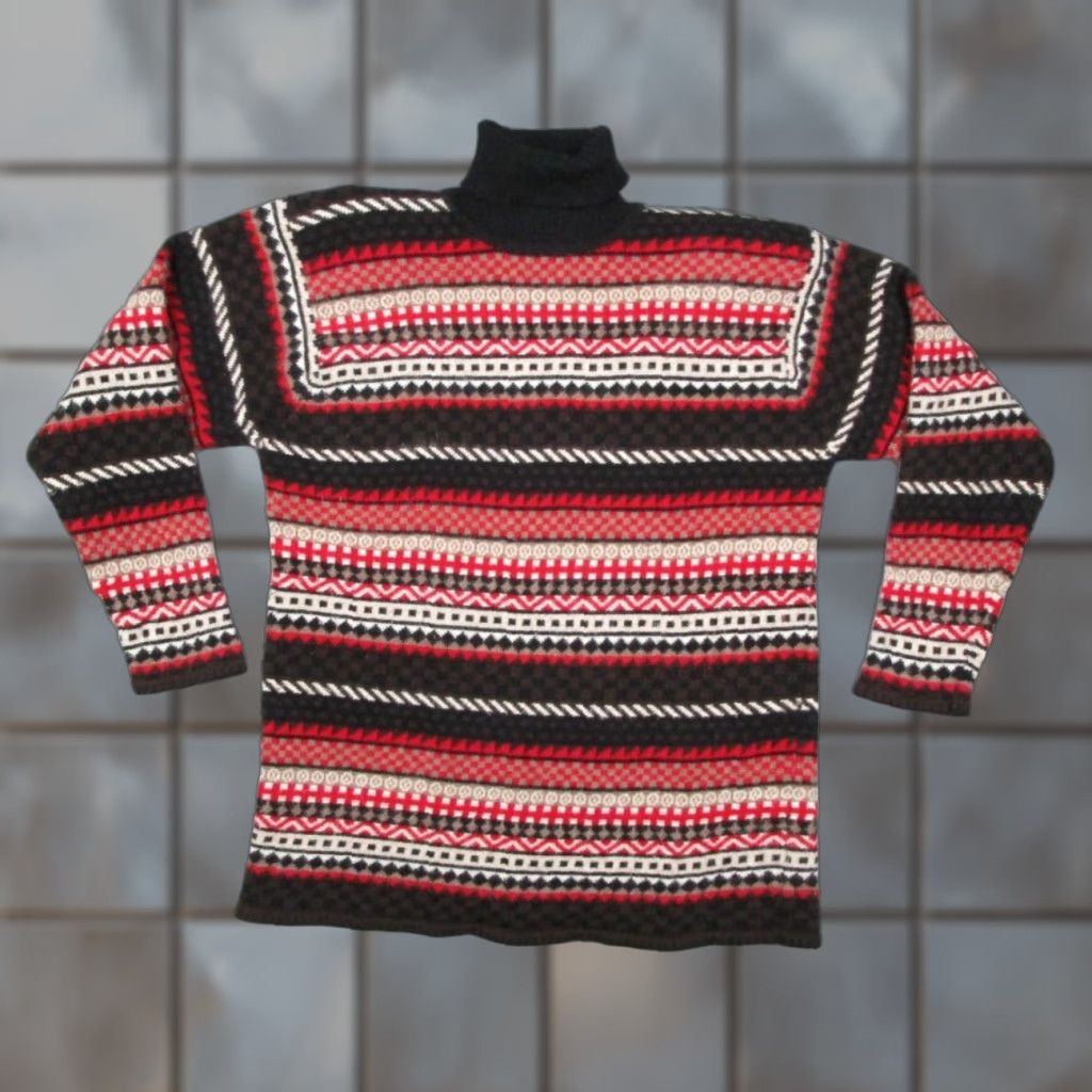 Vintage Vintage Valerie Stevens Women's Sweater Large Petite Knitted Turtleneck Wool Lambswool Red Geometric 90s Casual Size L / US 10 / IT 46 - 1 Thumbnail