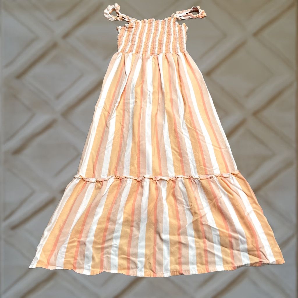 Vintage Coco And Shay Maxi Dress Juniors XL Orange White Striped Smocked Ruffles Sleeveless Viscose Rayon Beach Summer Women's Clothing Size XL / US 12-14 / IT 48-50 - 1 Thumbnail