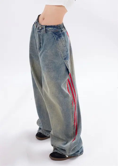 Japanese Brand × Jean Punk distressed washed webbing striped loose wide-leg jeans Size US 34 / EU 50 - 3 Thumbnail