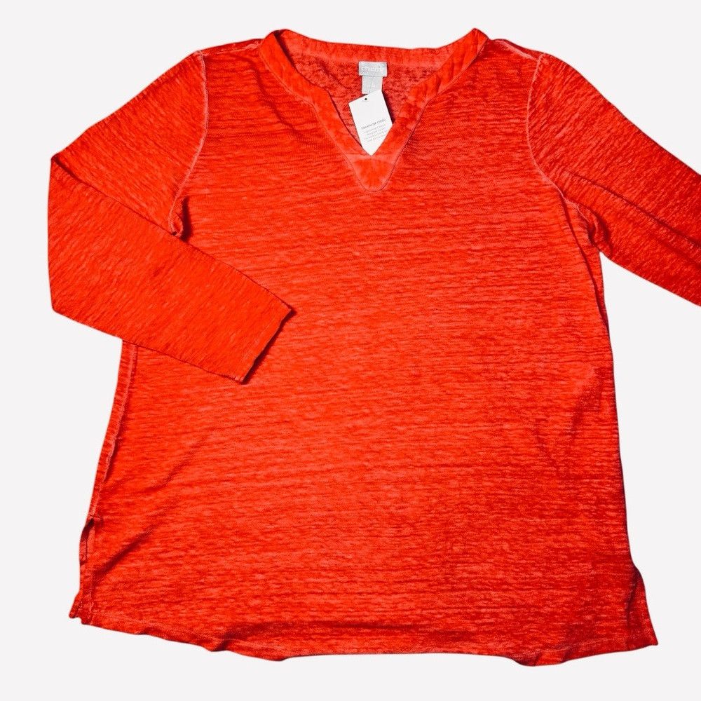 Chicos NWT New Chico's Linen Split-Neck Long Sleeve Red Tunic Size Size L / US 10 / IT 46 - 5 Thumbnail