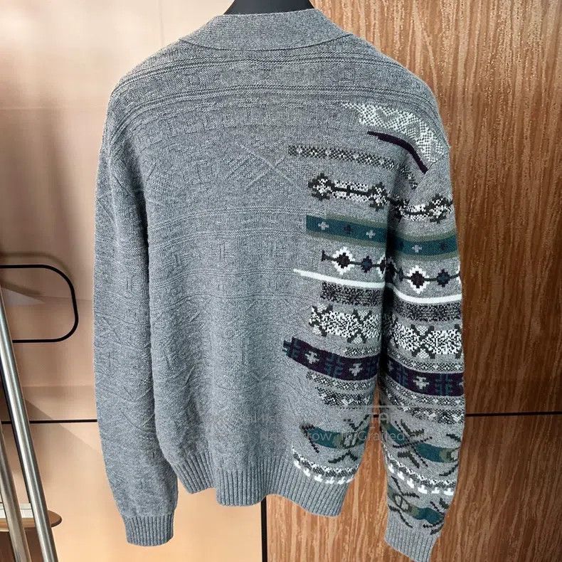 Hermes Hermes Gray Jacquard Embroidered Wool Knit Cardigan Jacket Size XL / US 12-14 / IT 48-50 - 2 Thumbnail