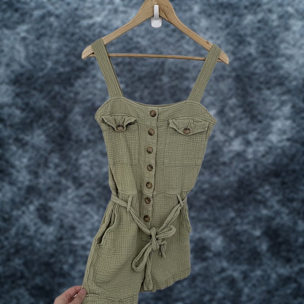 Vintage Sezane Romper Jumpsuit 1 Piece Sleeveless Belted Cotton Rayon Green 2 Regular Women Boho Cottage Gauze Indie Green 2 Size 26" / US 2 / IT 38 - 1 Thumbnail