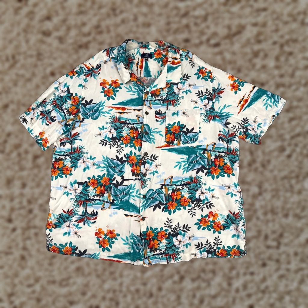 George VINTAGE George Shirt Mens 3XL White Blue Floral Palm Hawaiian Button-Up Rayon Viscose Patterned Casual Short Sleeve Mens 3XL Size US XXL / EU 58 / 5 - 1 Thumbnail