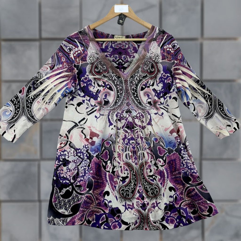 Vintage One World Tunic Top Womens XL Purple Paisley Boho Peasant V Neck Pleated Rhinestone Embellished Casual Long Sleeve Size XL / US 12-14 / IT 48-50 - 1 Thumbnail