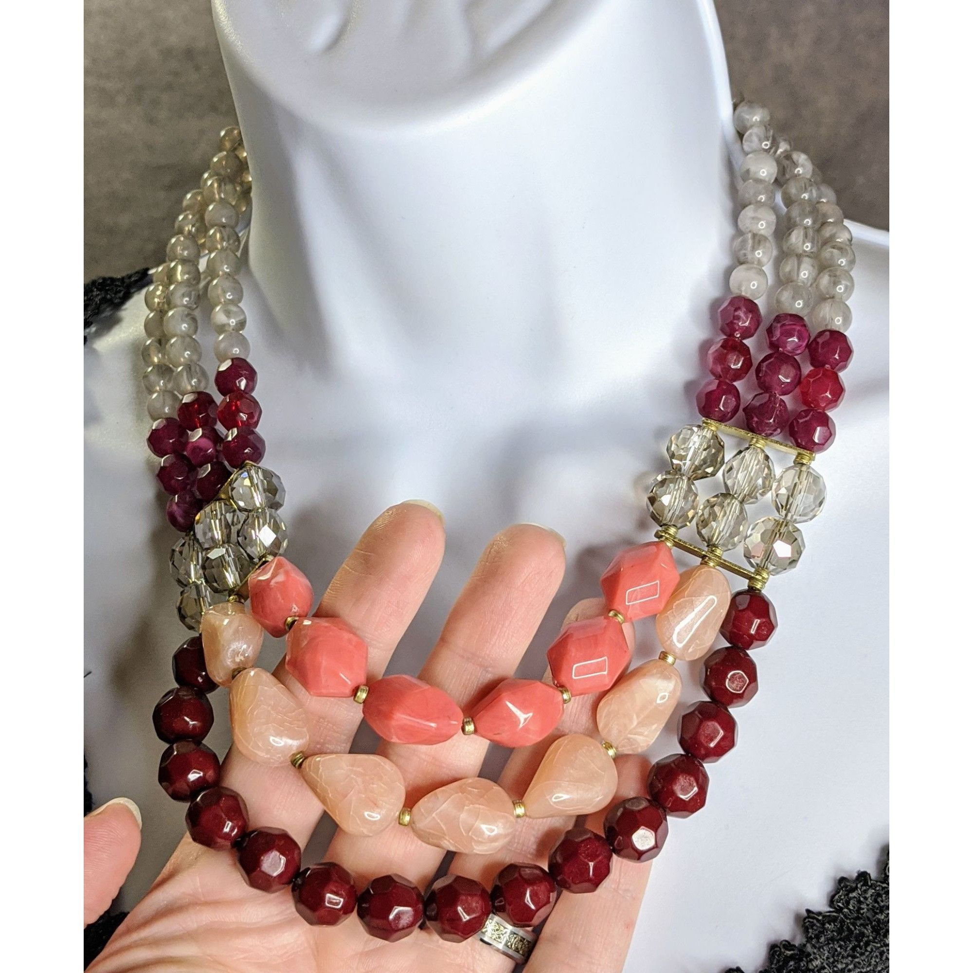 Other Red Pink And Clear Multi-Strand Beaded Statement Necklace Size ONE SIZE - 3 Thumbnail