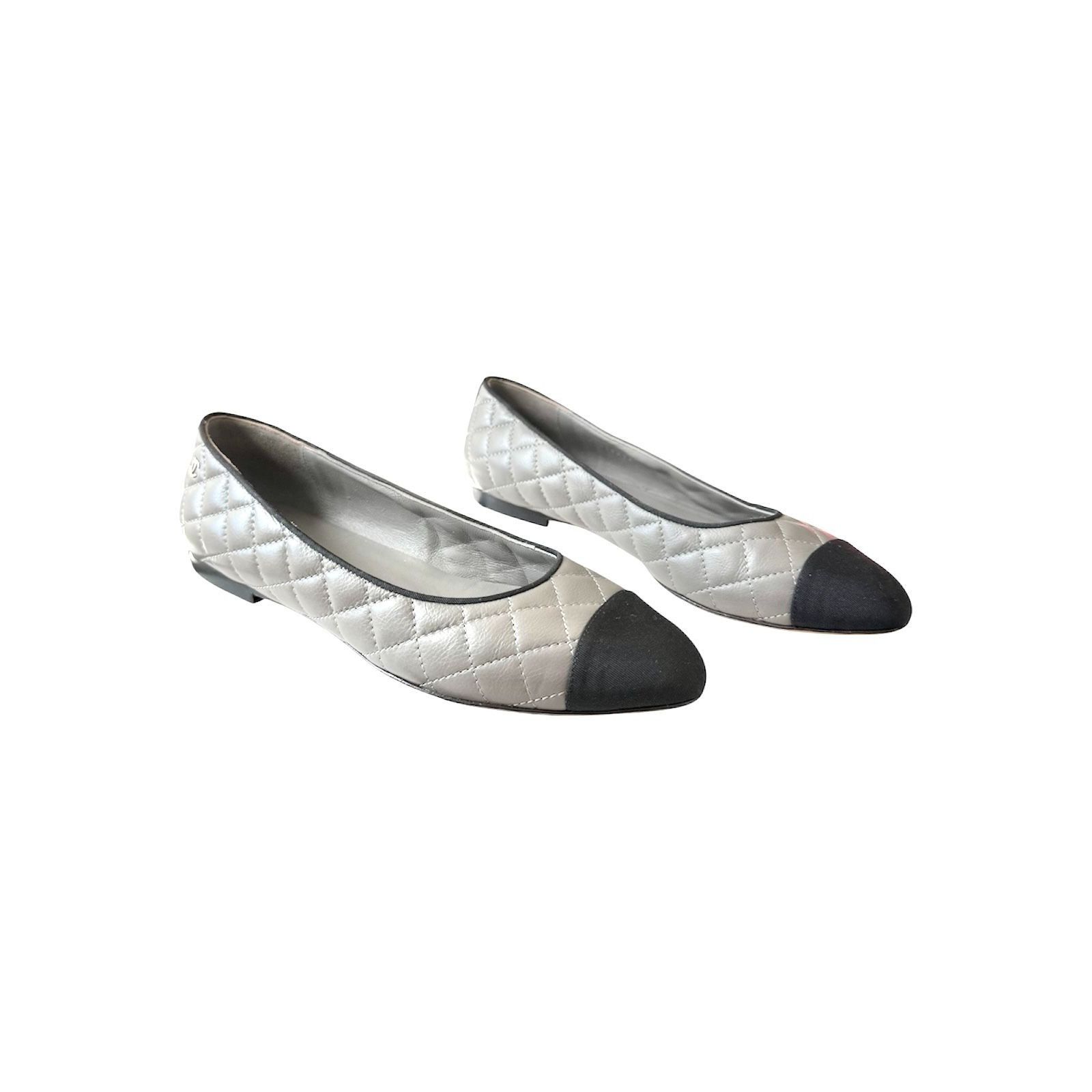 Chanel Chanel CC Quilted Cap Toe Ballet Flats Gray Black Leather EU Size US 6.5 / IT 36.5 - 1 Thumbnail