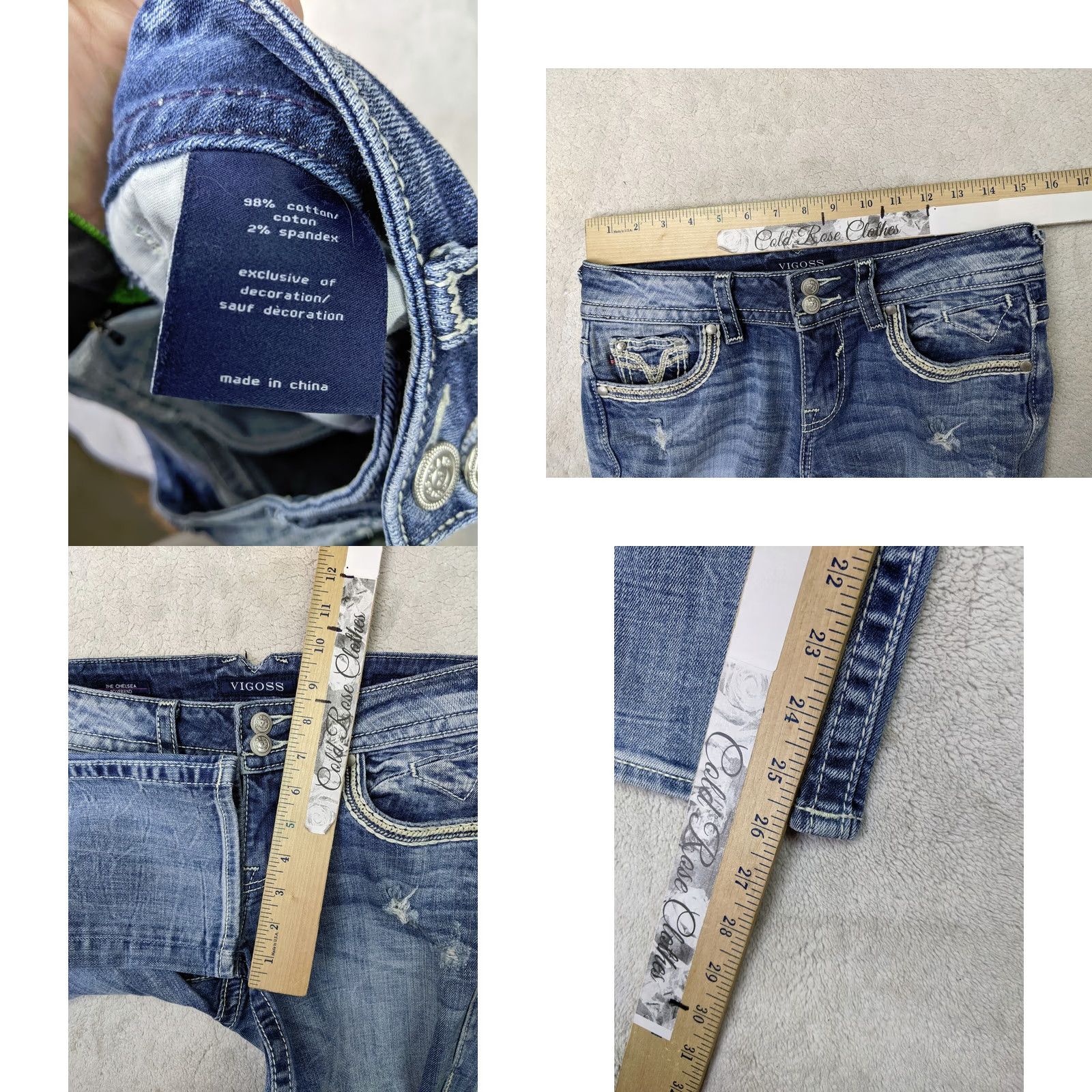 Vintage VIGOSS Chelsea Boyfriend Womens Jeans Low Rise Light Wash Blue 3 4 Thick Stitch Distressed Whiskered Stretch Button Zip Fly 26 Inseam XS? Wait Size 27" / US 4 / IT 40 - 8 Thumbnail