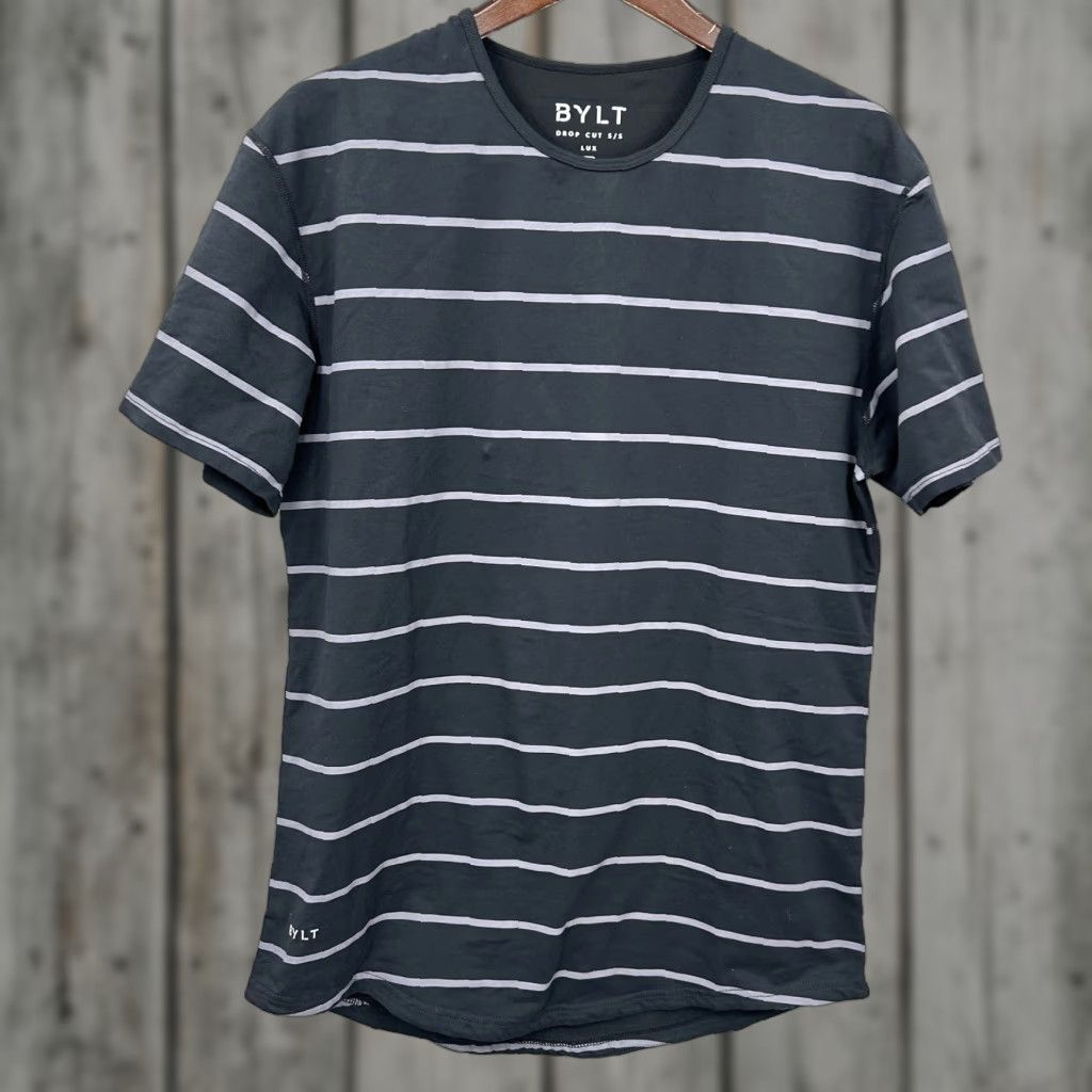 Vintage BYLT Lux Drop Cut Shirt Mens Large L Gray Striped Short Sleeve Curved Preppy Size US L / EU 52-54 / 3 - 1 Thumbnail