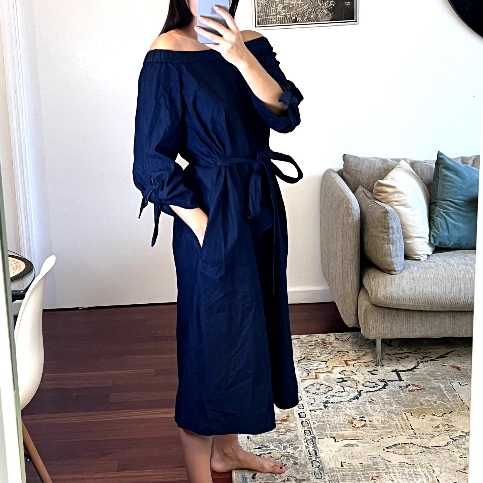 Tibi Tibi Midi Off Shoulder Dress with Belt Blue size 4 Size S / US 4 / IT 40 - 2 Thumbnail