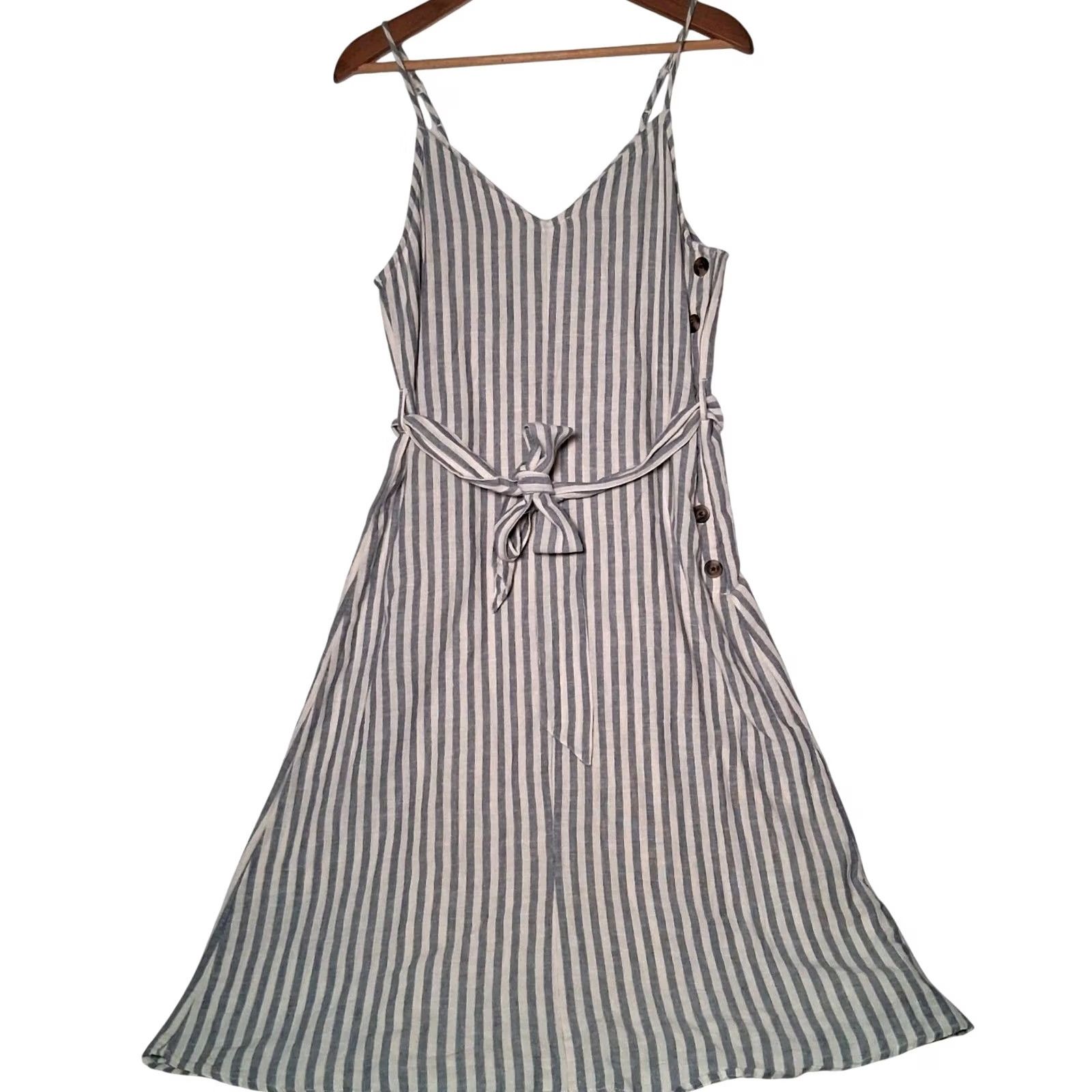 Vintage American Eagle Outfitters Dress M Blue White Stripe Belted Button Sundress Size M / US 6-8 / IT 42-44 - 2 Thumbnail
