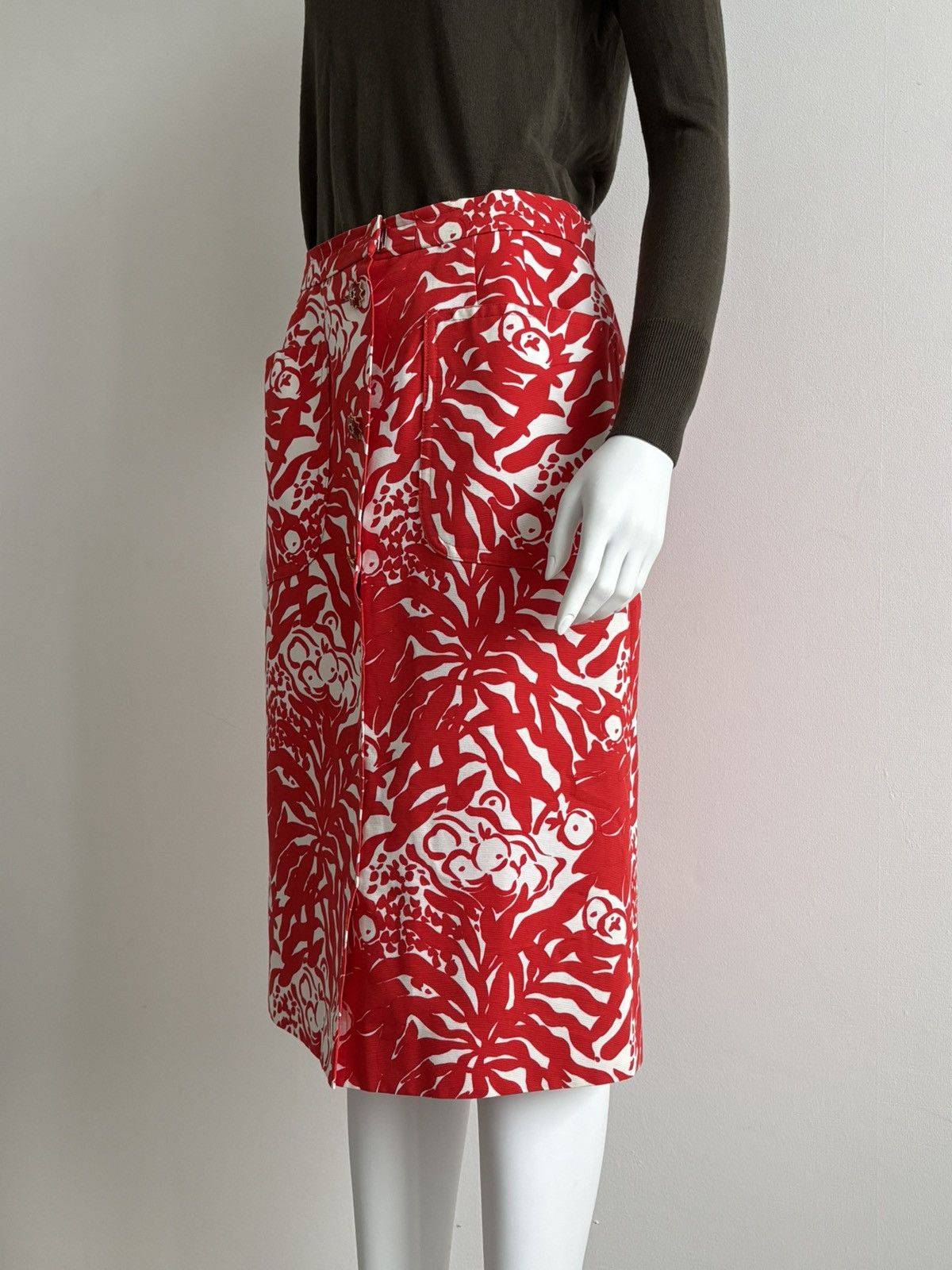 Yves Saint Laurent YSL Rive Gauche S/S 1994 Archive Printed Pencil Skirt Red M Size 27" / US 4 / IT 40 - 5 Thumbnail