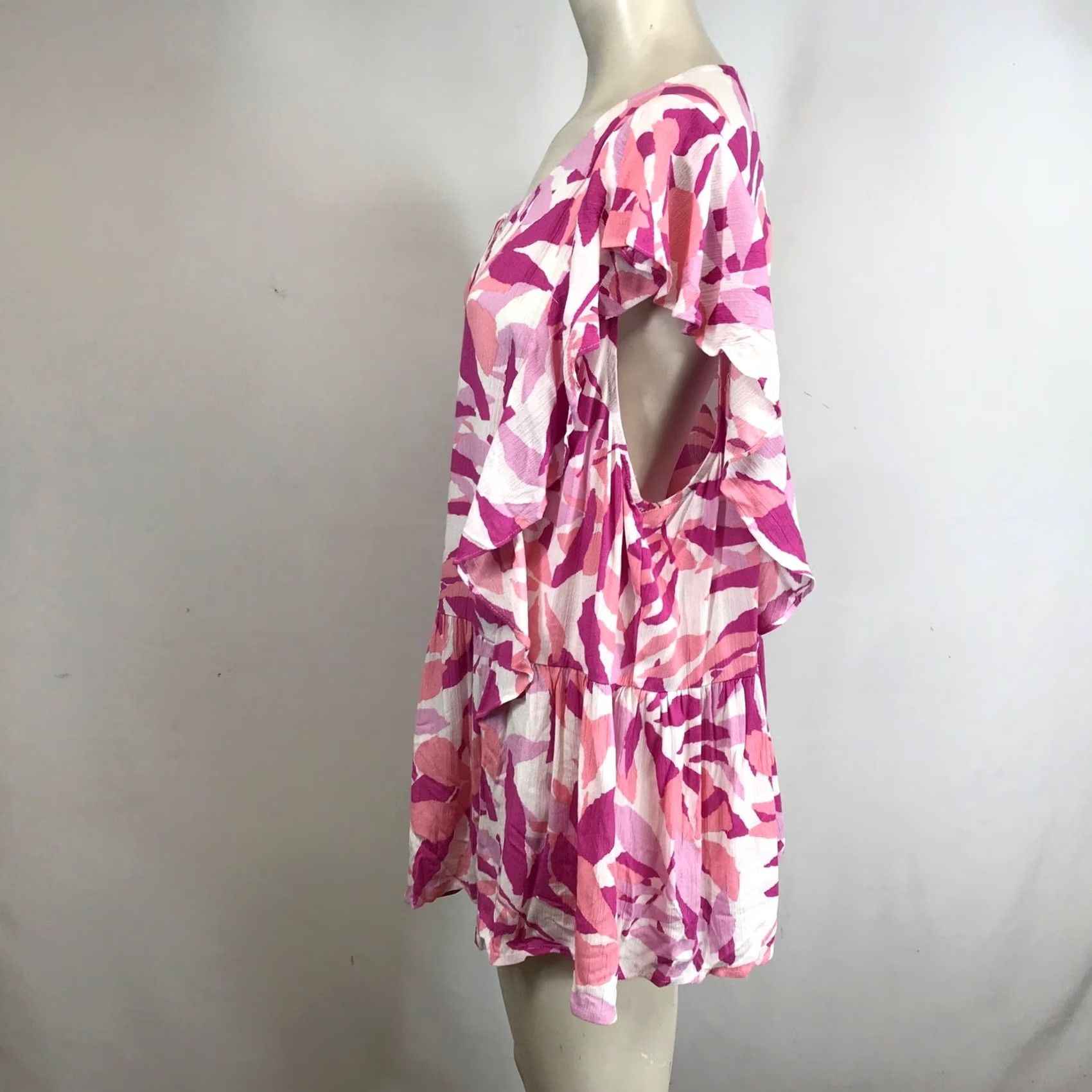 Vintage VINTAGE? No. Emily WONDER Women's 3X Pink White Floral Leaf Print Tunic Dress Ruffle Tie Neck Size XXL / US 16-18 / IT 52-54 - 6 Thumbnail