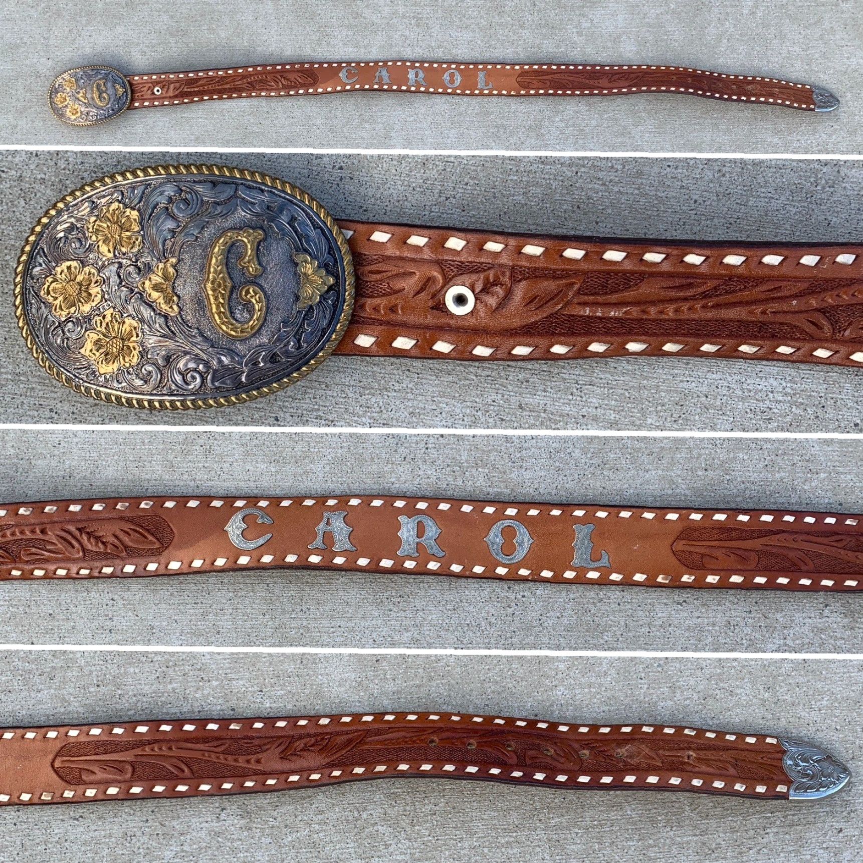 Vintage VINTAGE Tooled Leather Western Belt The Name Carol C Buckle El Arturo Crumrine Belt Size ONE SIZE - 4 Thumbnail