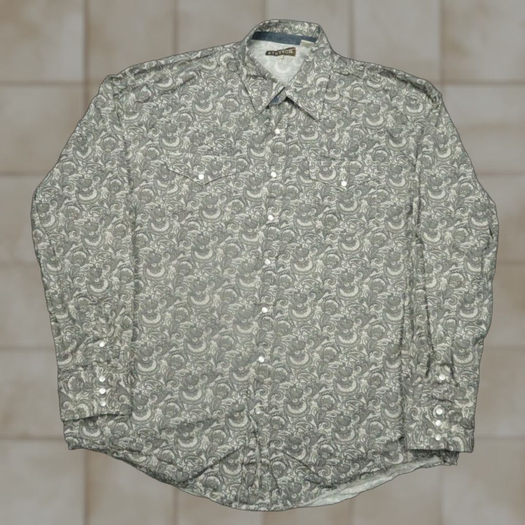 Stetson Shirt Mens 2XL Gray Paisley Pearl Snap Western Long Sleeve Button-Up