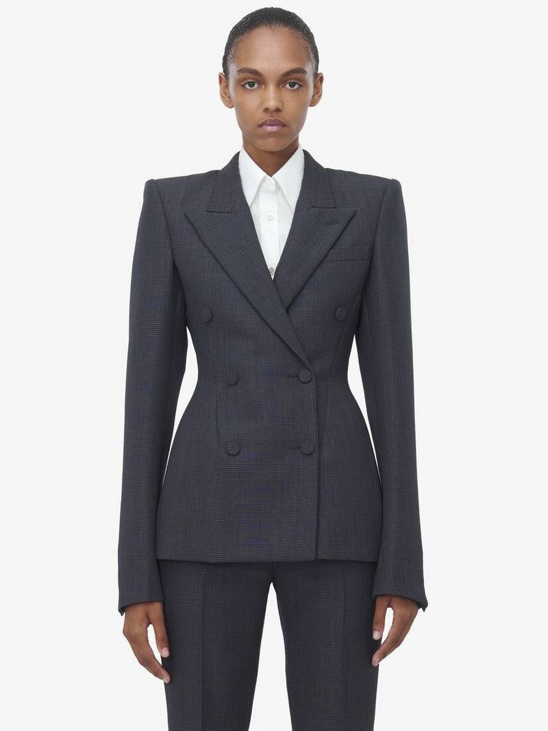 Alexander McQueen o1srvl11e0226 Prince of Wales Double-Breasted Jacket In Grey Size S / US 4 / IT 40 - 2 Thumbnail