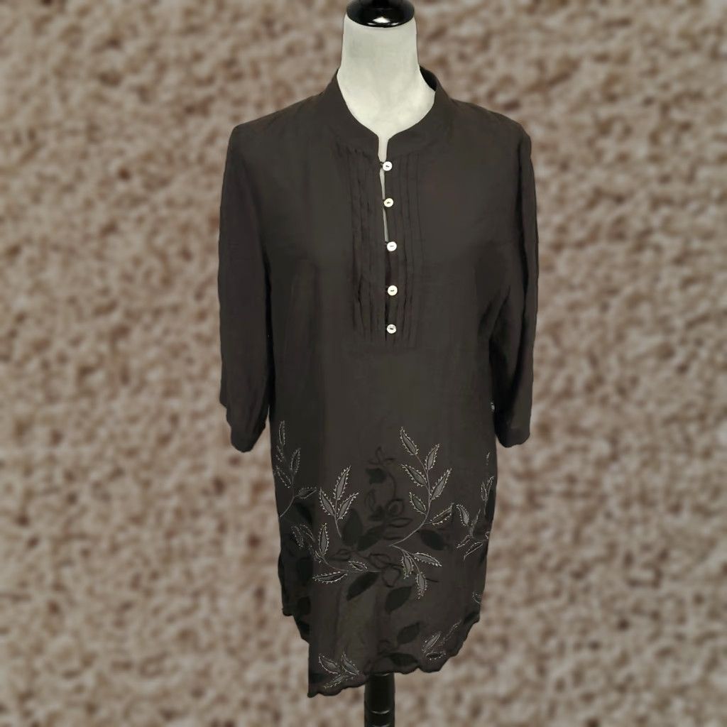 Coldwater Creek VINTAGE Coldwater Creek Silk Tunic Shirt Womens L Black Floral Embroidered Long Sleeve 14 16 Casual Size L / US 10 / IT 46 - 1 Thumbnail