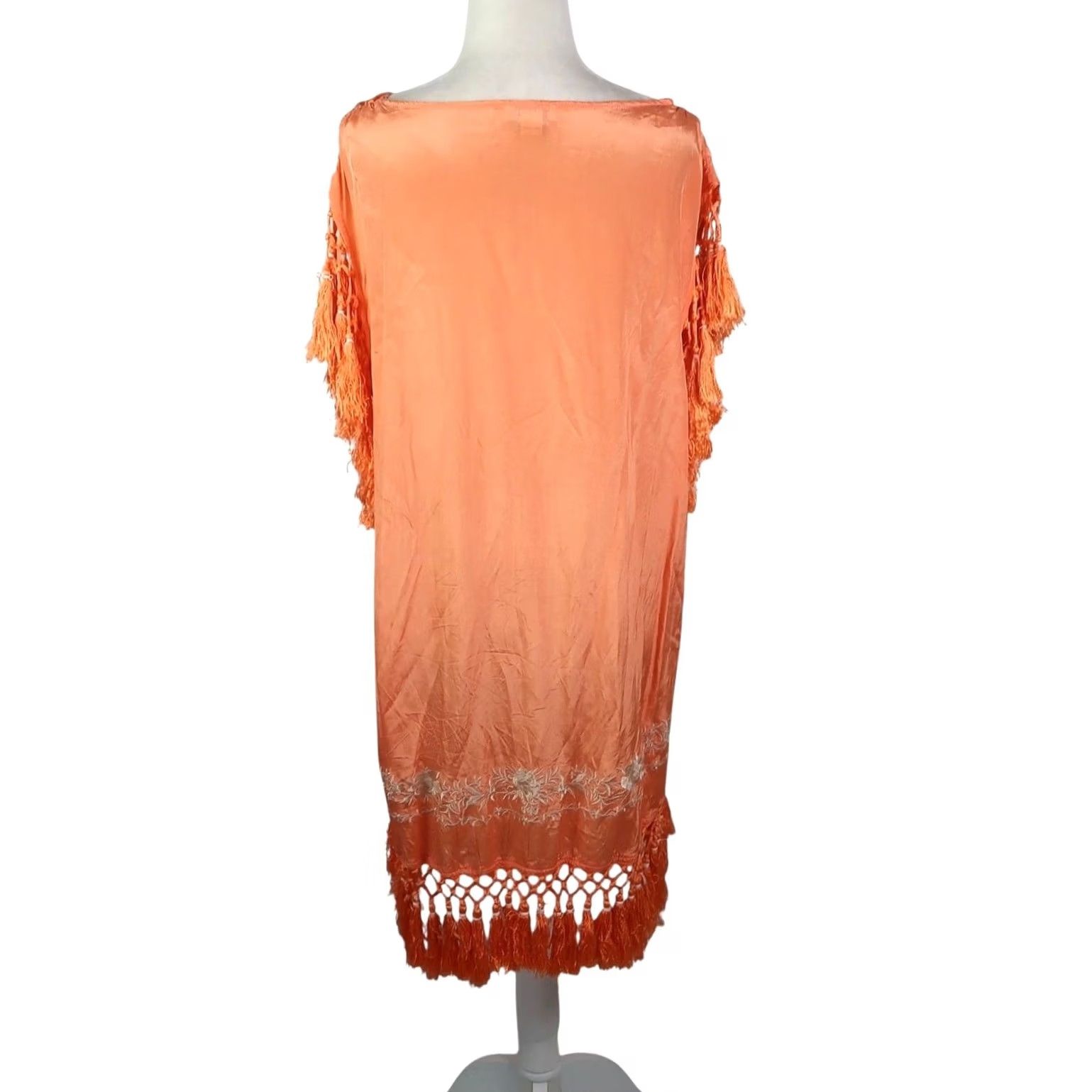 Vintage Sundance Orange Cream Floral Embroidered Swim Cover-Up Dress Kaftan Sundress Tassel Fringe Size S / US 4 / IT 40 - 3 Thumbnail