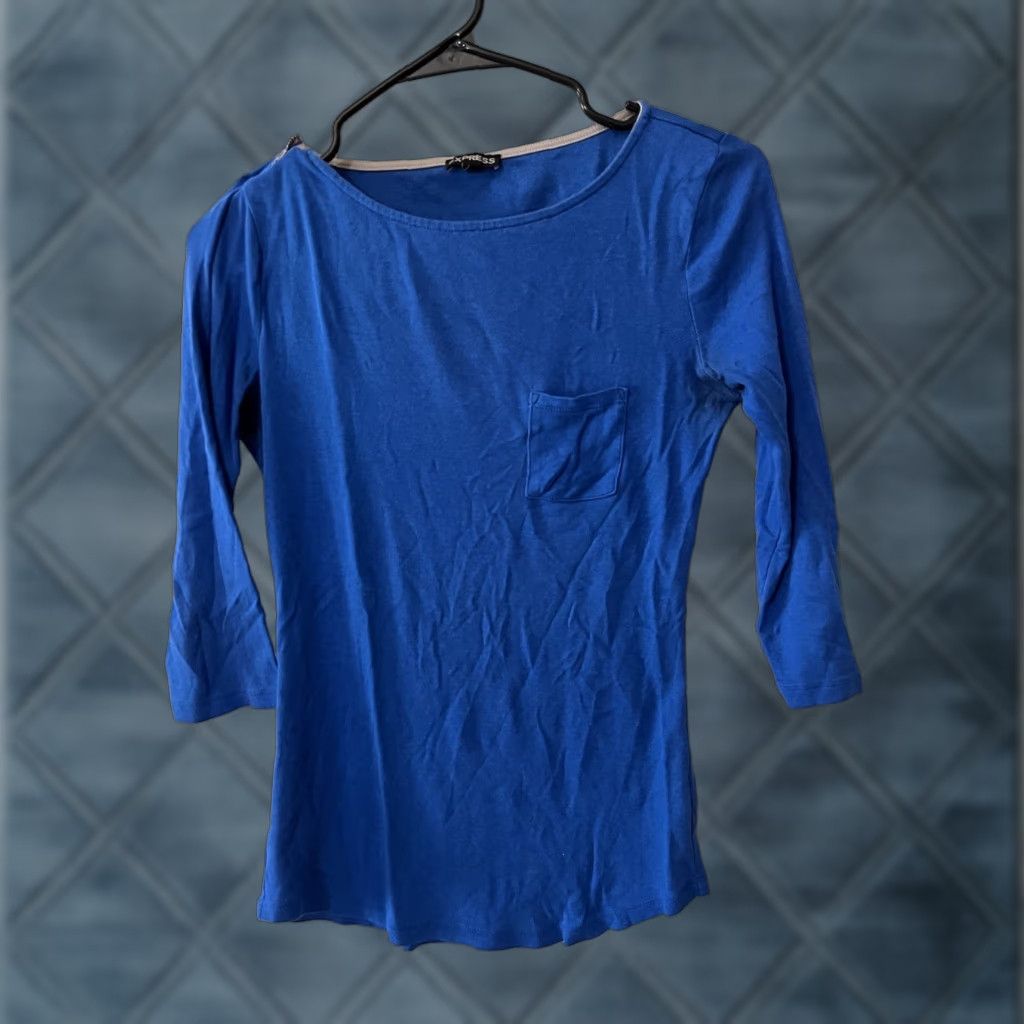 Express VINTAGE Express Women's Long Sleeve Shirt 3/4 Sleeve Blue Solid Boat Neck Zip Medium Size M / US 6-8 / IT 42-44 - 1 Thumbnail