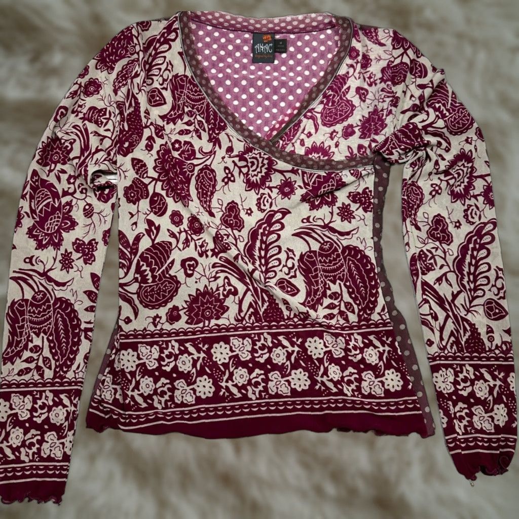 Vintage Anac Womens Long Sleeve V-Neck Knit Top Size M Burgundy Print Pullover Size M / US 6-8 / IT 42-44 - 1 Thumbnail