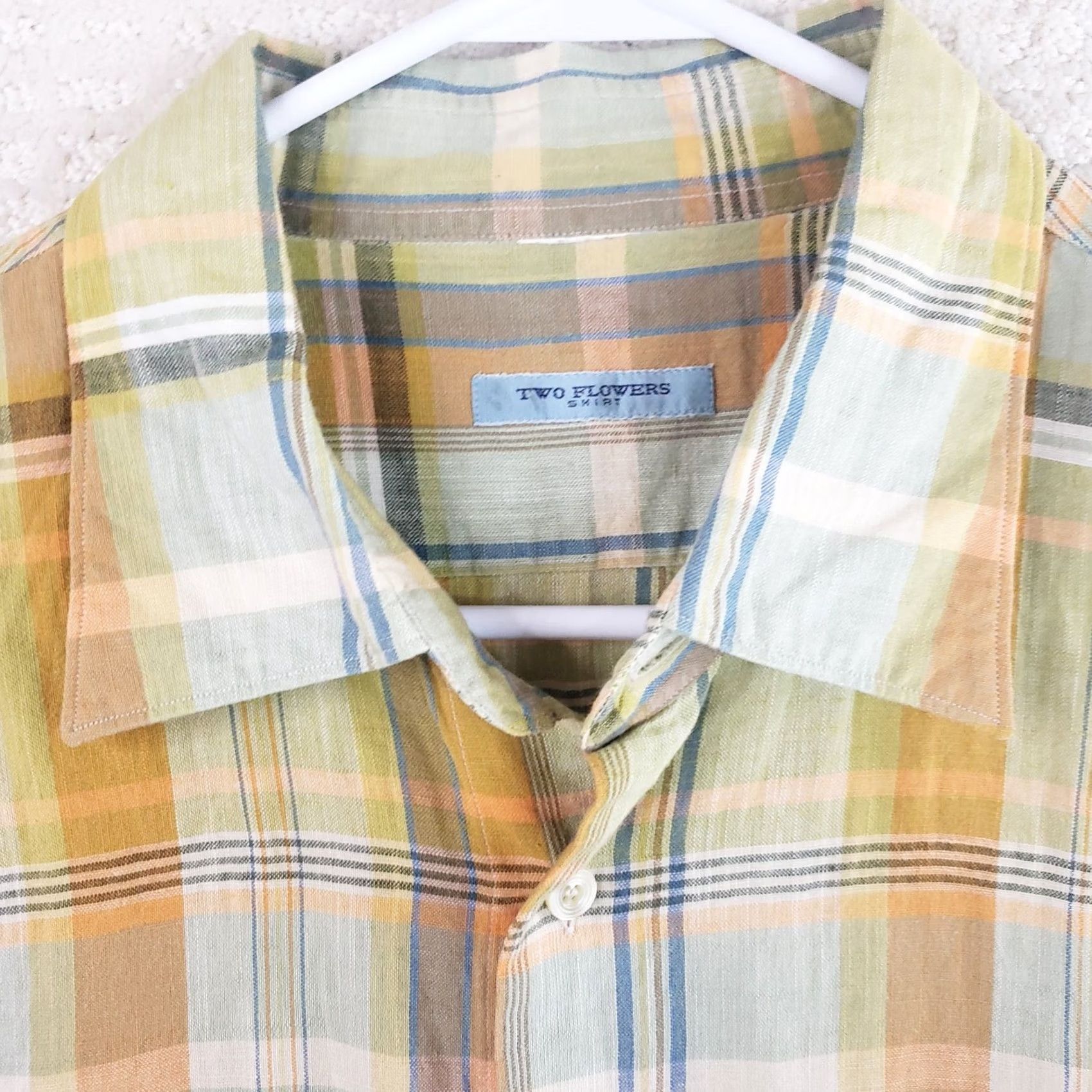 Vintage Two Flowers Linen Blend Camp Shirt Men XL Yellow Green Orange Plaid SS Button Size US XL / EU 56 / 4 - 5 Thumbnail