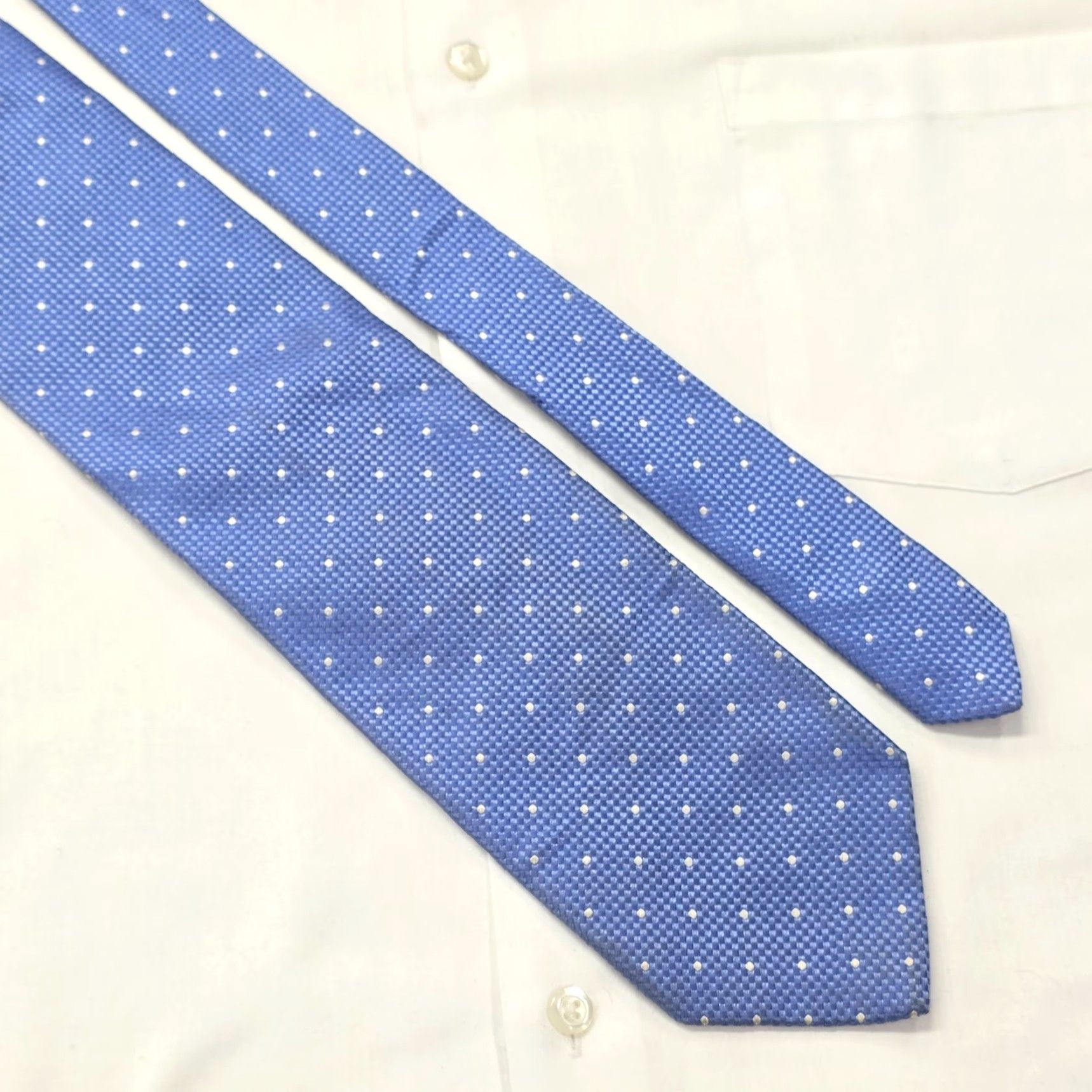 Vintage XMI PLATINUM Men’s 100% Silk Necktie Blue USA Designer White Polka Dots Classic 60.25" X 3.5" Polka Dot Preppy Stylish Officecore Dad Mens Tie Size ONE SIZE - 2 Thumbnail