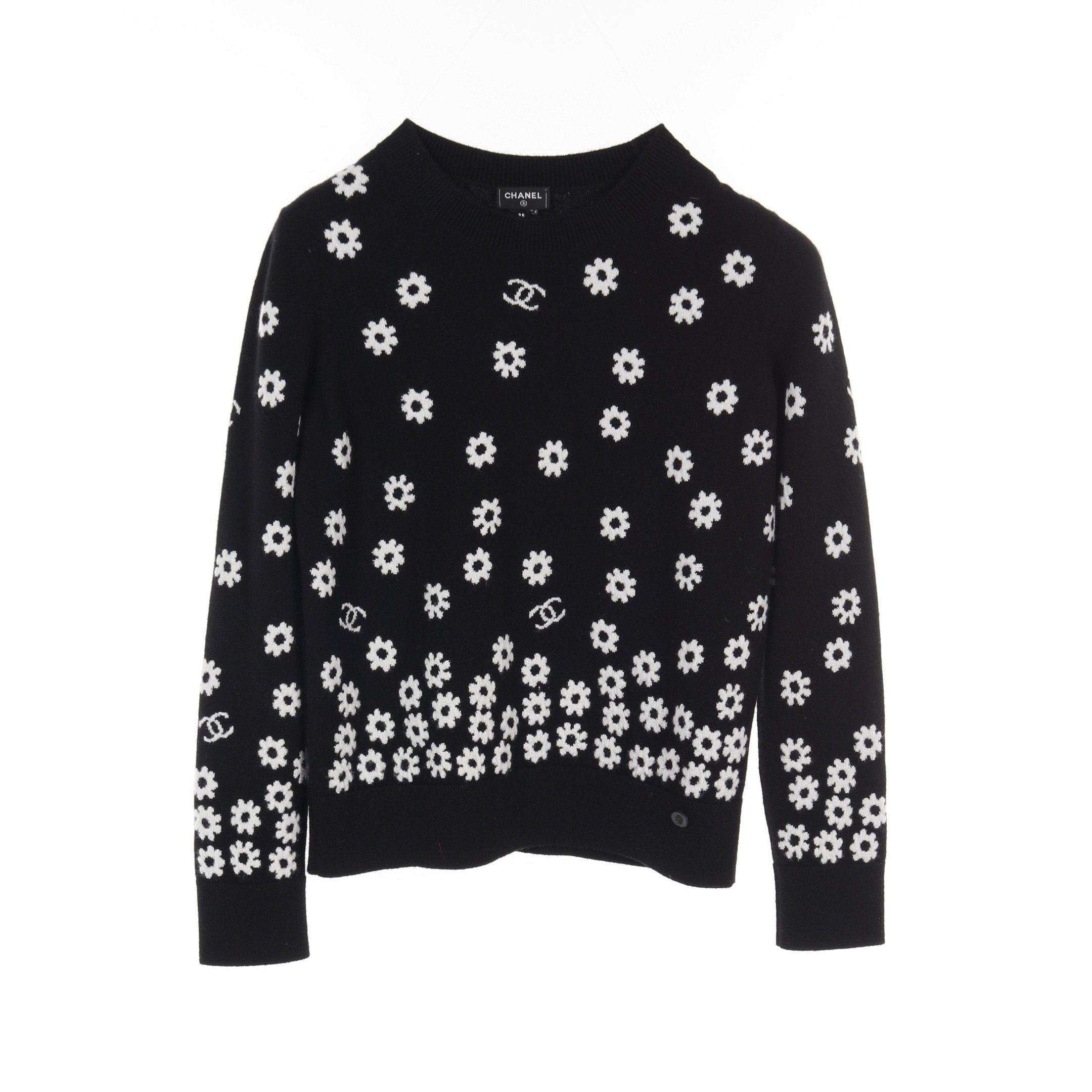 Chanel Coco Mark Daisy Sweater Knit Crew Neck Cashmere Black White 22P