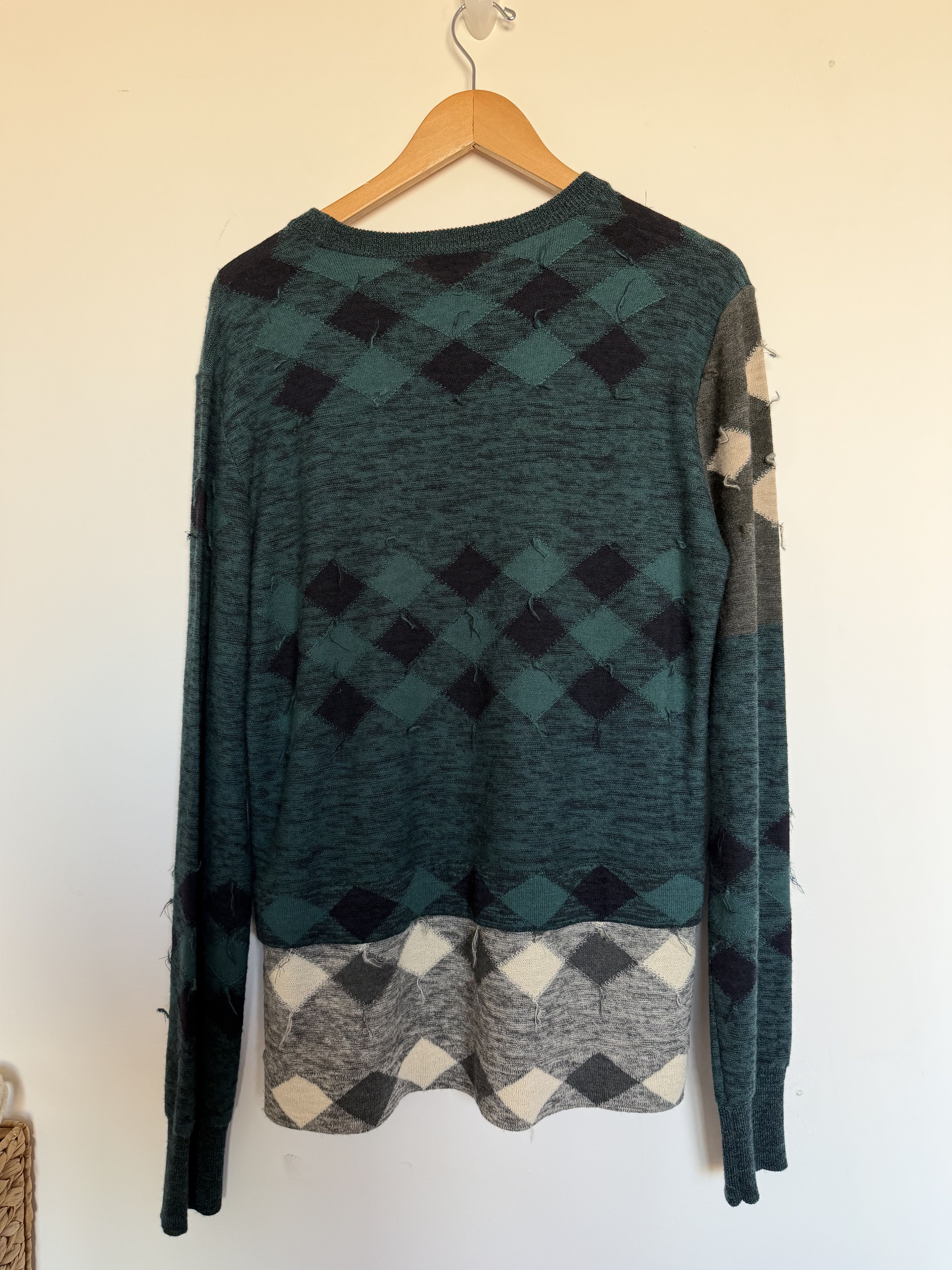 Lanvin Lanvin Distressed Argyle Patchwork Wool Sweater Green L Size US L / EU 52-54 / 3 - 2 Thumbnail
