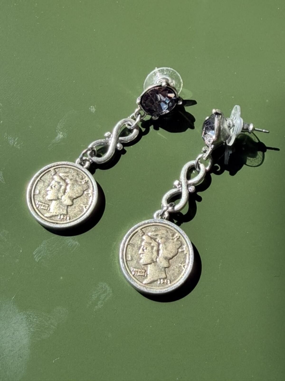 Other Y2K Mercury Dime Coin Drop Earrings Purple Rhinestone Size ONE SIZE - 2 Thumbnail