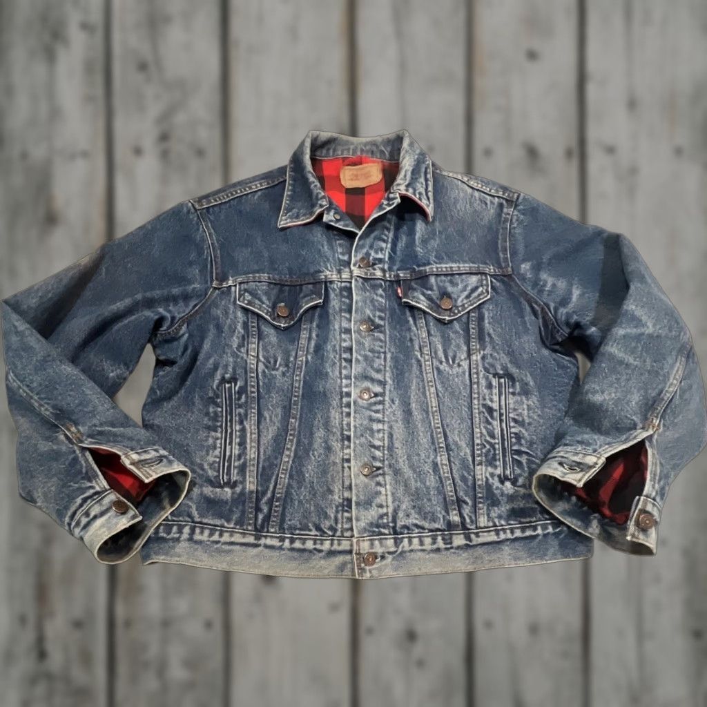 VINTAGE Levi's Jean Jacket Men 48L Trucker Buffalo Plaid Flannel Lined 71411 0816 USA Jacket
