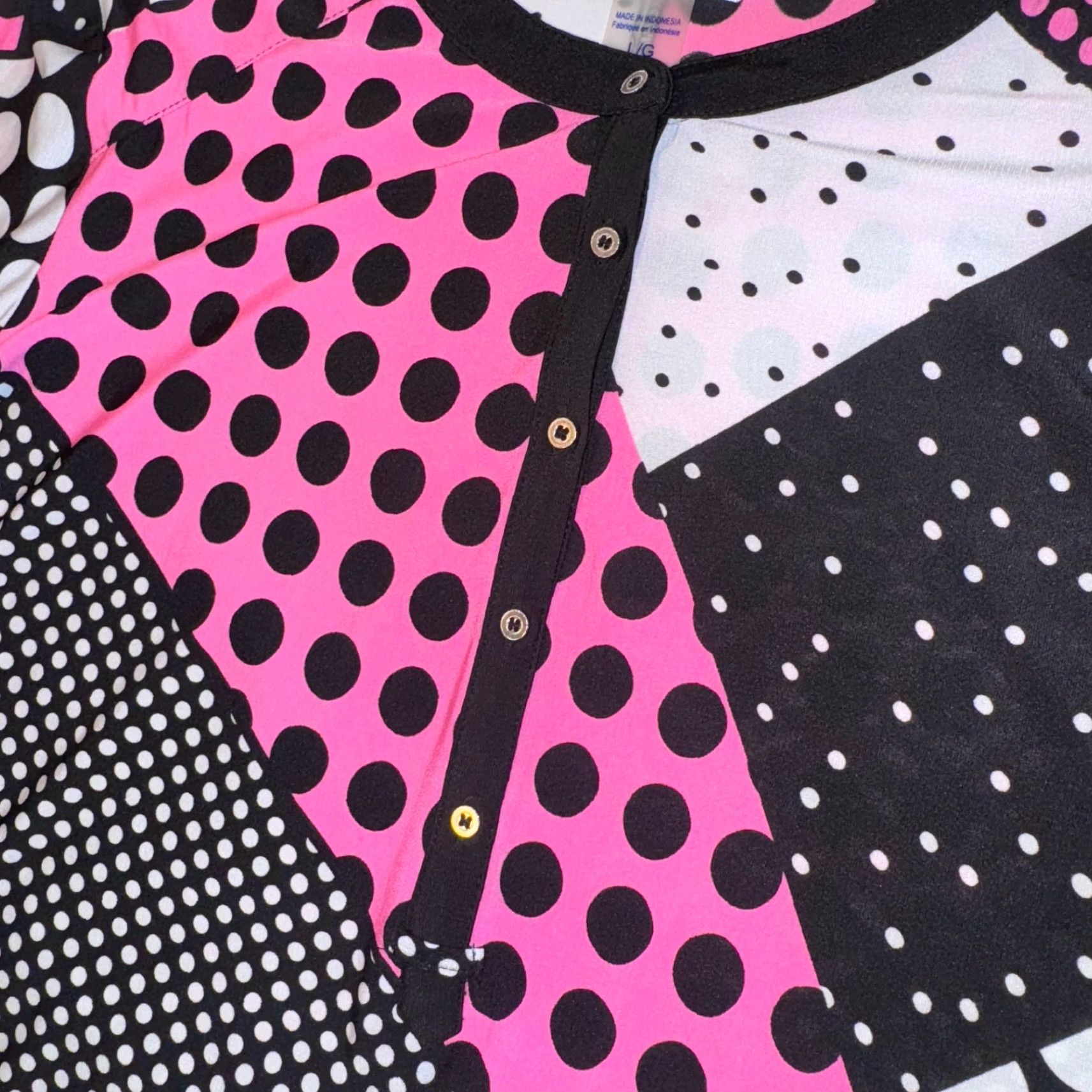 Pinko Nygard Tunic Shirt Women's Polka Dot Button Front 3/4 Sleeve Pink Black White Large L Knit Polyester Elastane Casual Seasonal Size L / US 10 / IT 46 - 3 Thumbnail