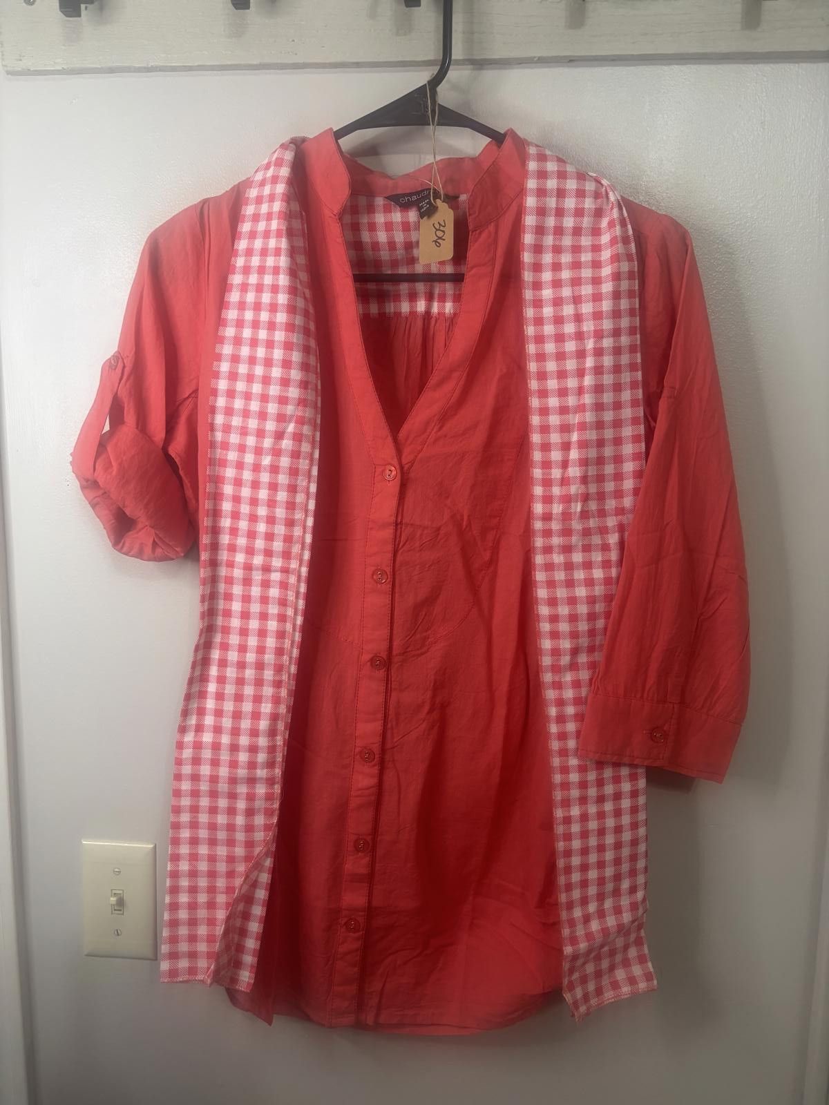 Designer Chaudry Red V-Neck Blouse with Gingham Accent Size S / US 4 / IT 40 - 1 Thumbnail
