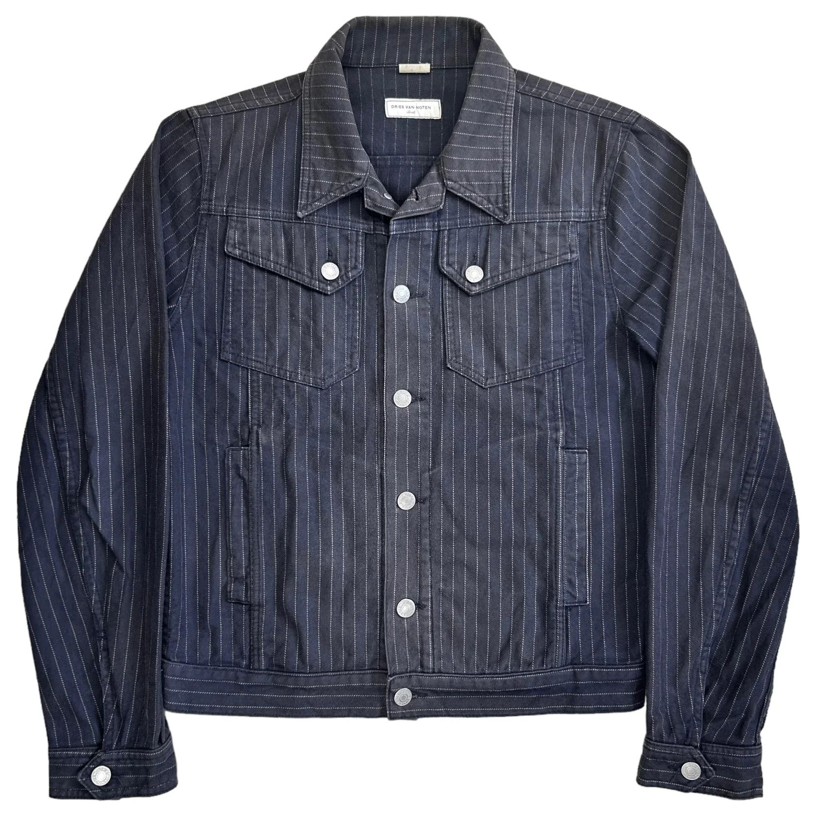 image of Dries Van Noten Pinstripe Trucker Jacket in Dark Blue/Grey, Men's (Size Small)