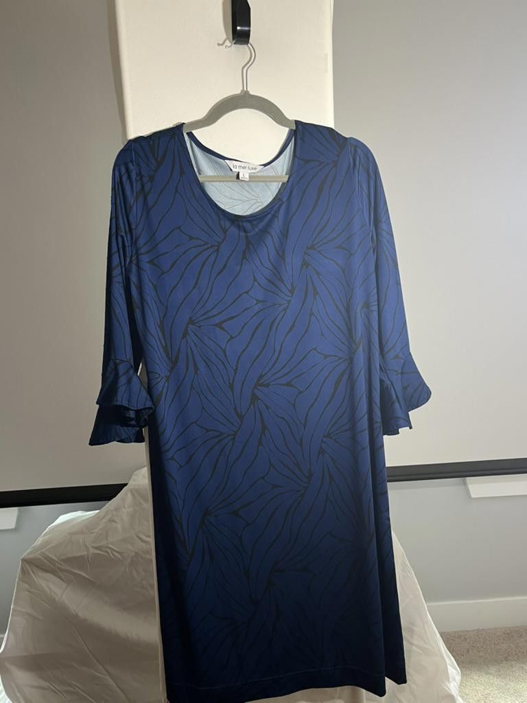 Designer La Mer Luxe Women's Blue Leaf Print Dress - Size L Size L / US 10 / IT 46 - 1 Thumbnail