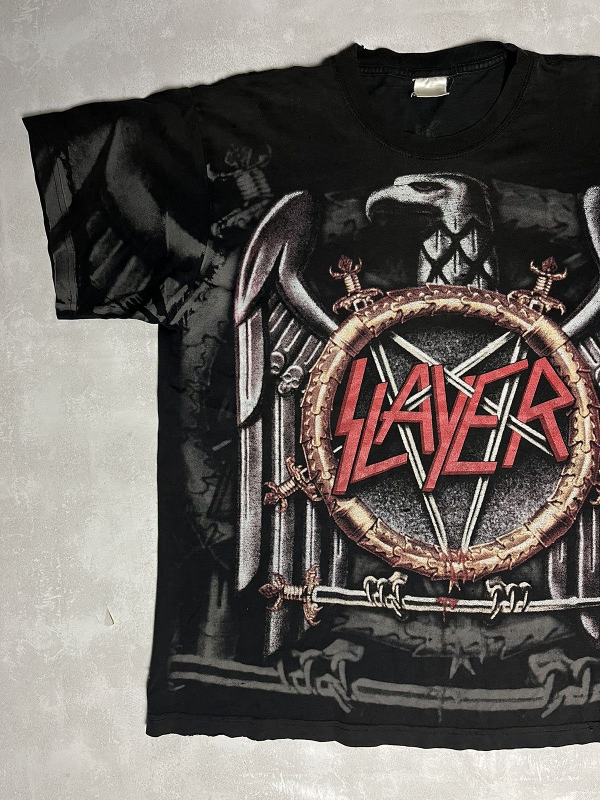 Band Tees × Vintage Vintage Slayer Trashed Washed Distressed All Over Print Tee Size US L / EU 52-54 / 3 - 3 Thumbnail