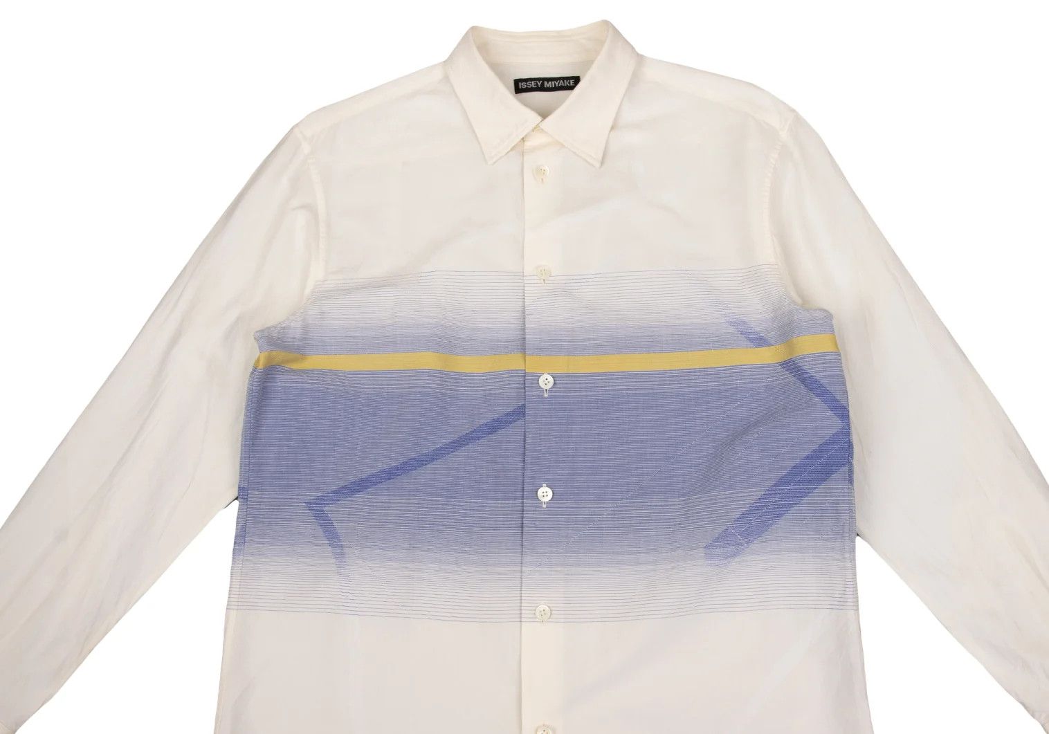 Issey Miyake Multi-Line Jacquard Long Sleeve Shirt in Cream with Blue Size US M / EU 48-50 / 2 - 2 Thumbnail