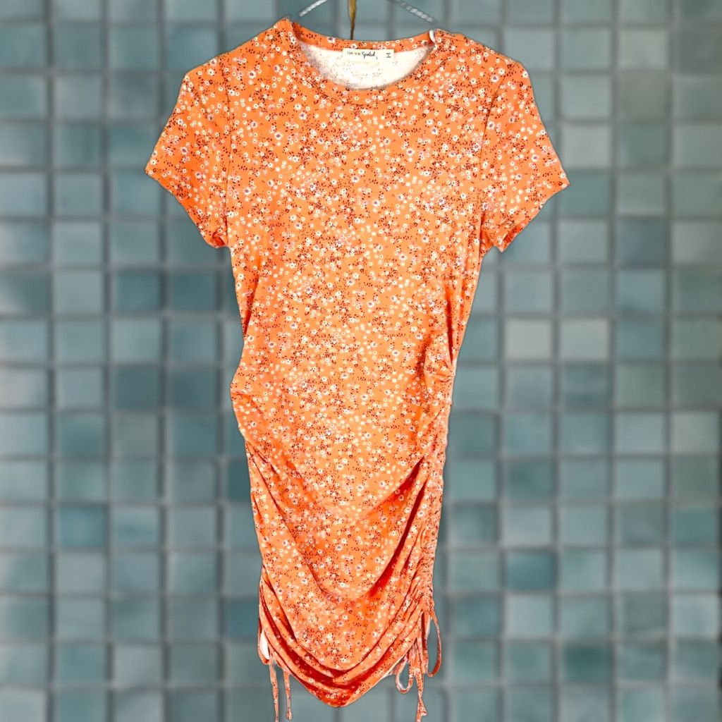 Vintage Live To Be Spoiled Coral Floral Cinched Side Stretch Bodycon Dress L Size L / US 10 / IT 46 - 1 Thumbnail