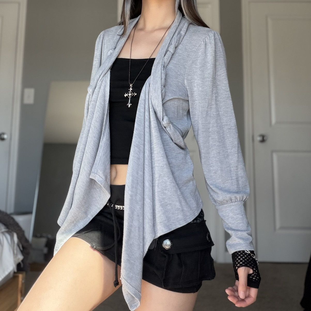 Other Gray Draped Open Front Cardigan Sweater w/ Fabric Twists Size M / US 6-8 / IT 42-44 - 14 Thumbnail