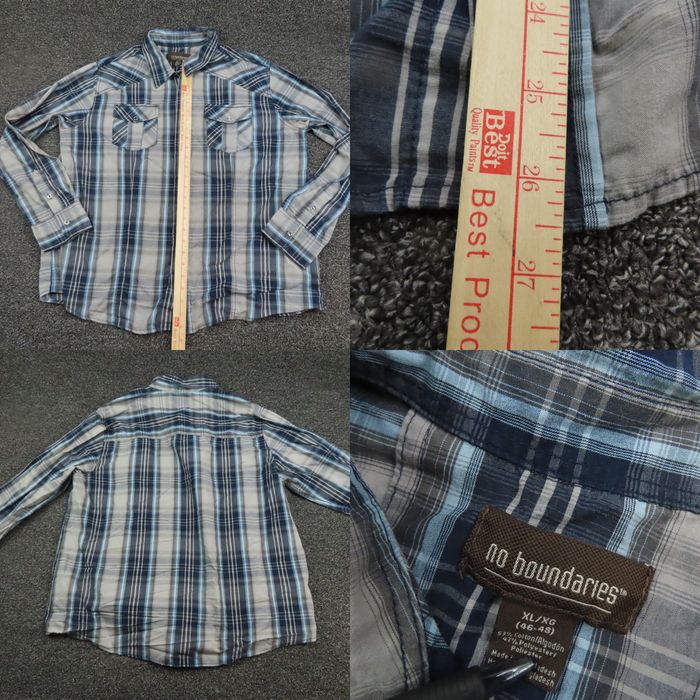 Vintage No Boundaries Shirt Adult XL Gray Black & Blue Plaid Snap Button Up  Western Mens