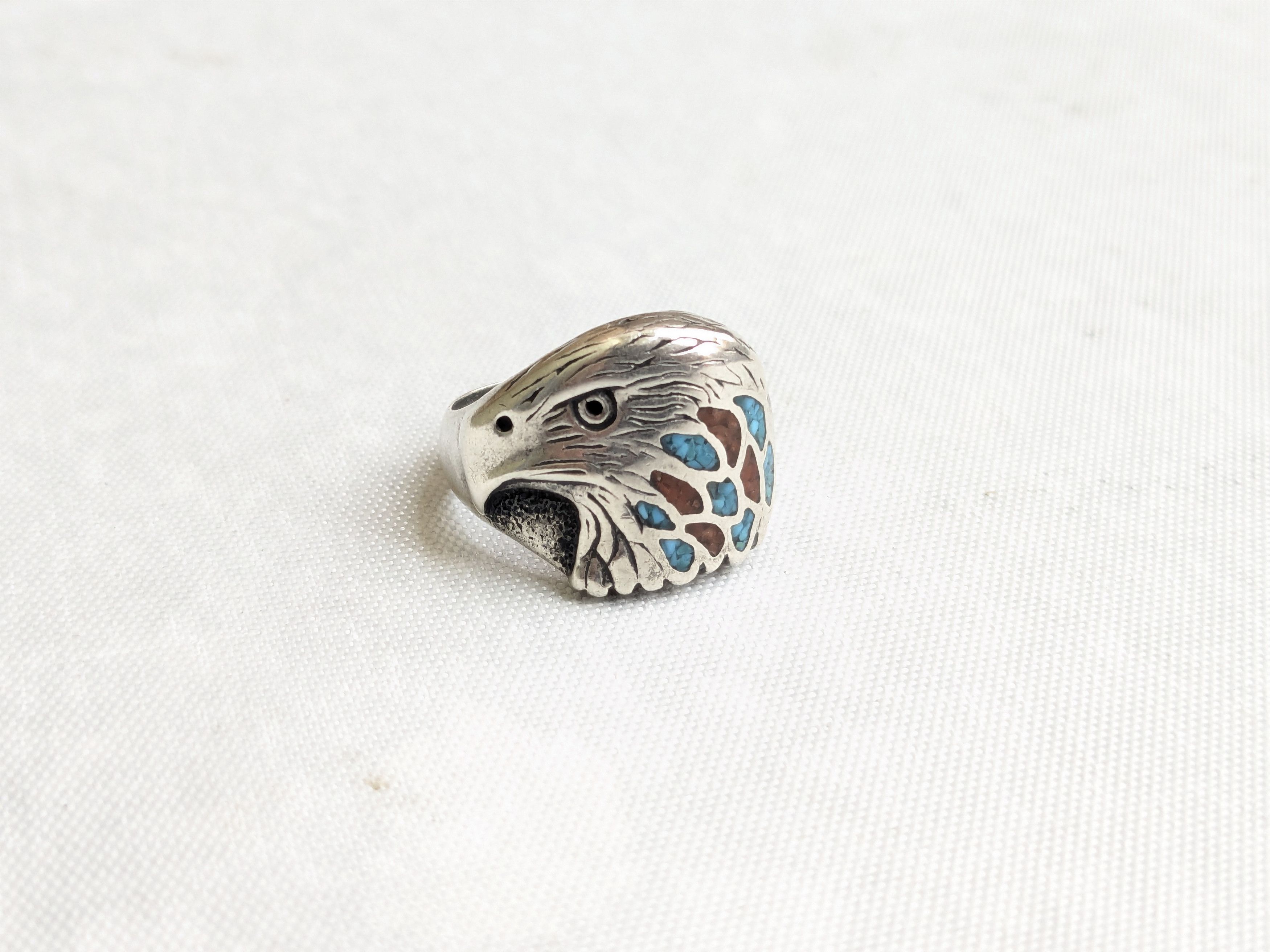 Jewelry Sterling Silver Ring Crushed Turquoise Coral 8 Eagle Native Size ONE SIZE - 1 Thumbnail