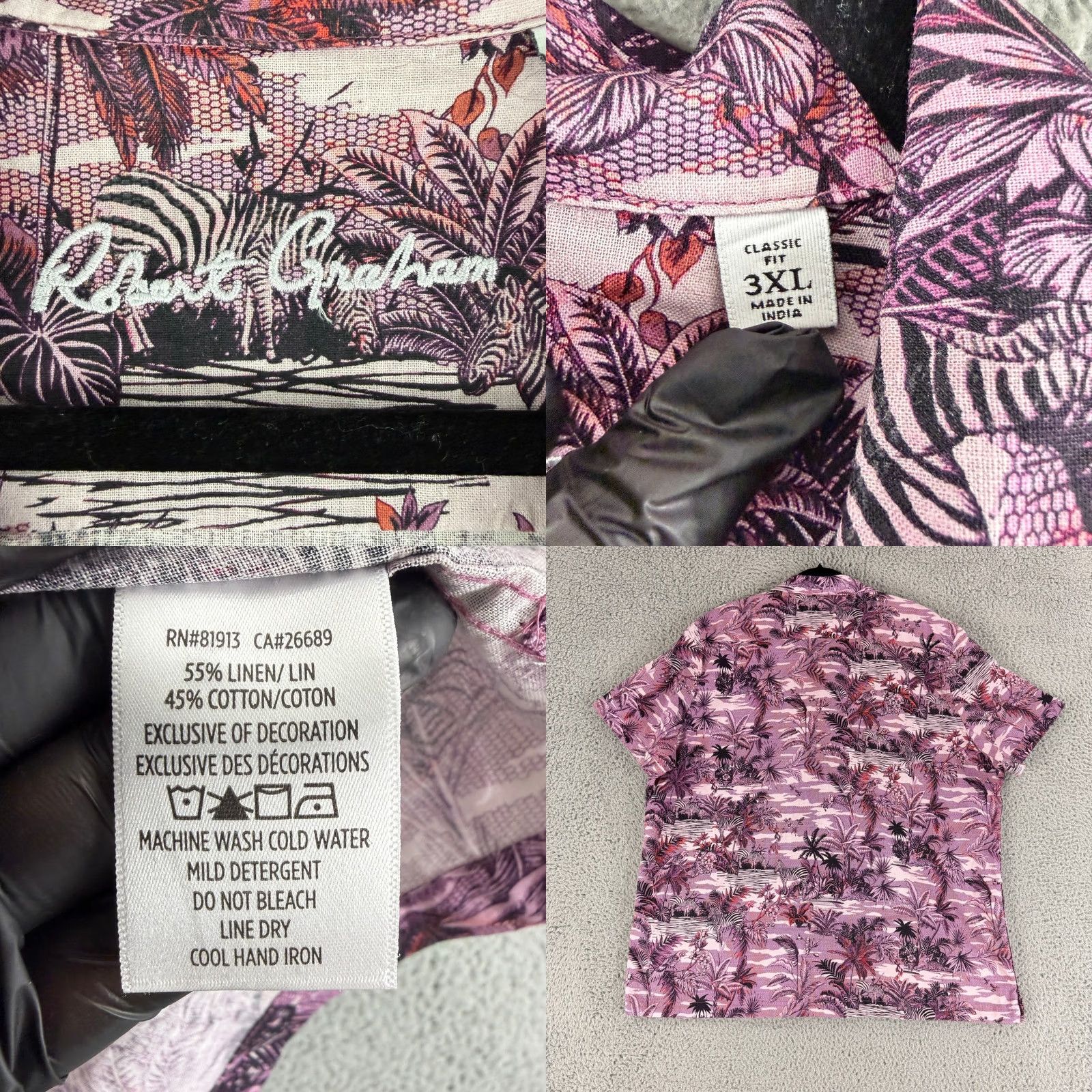 Robert Graham Robert Graham Button Up Shirt Mens 3XL Purple Tropical Zebra Linen Classic Fit Shirt Size US XXL / EU 58 / 5 - 8 Thumbnail