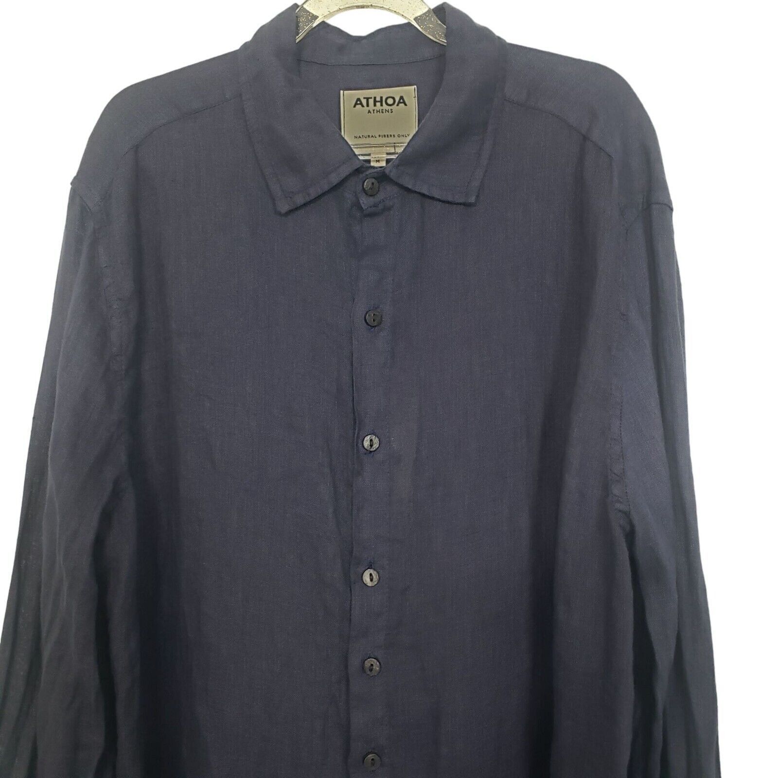 Designer NEW Athoa Athens Linen Shirt Mens Size Medium Night Blue Size M / US 6-8 / IT 42-44 - 2 Thumbnail