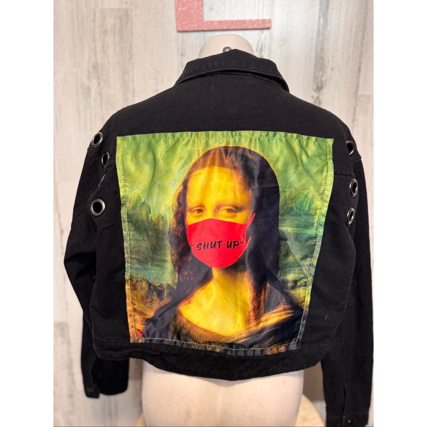 Other Fashion Nova Black Denim Jacket L – Graphic Mona Lisa Back Print “Shut Up” Imagine All The People Quote Women’s Large Size L / US 10 / IT 46 - 8 Thumbnail